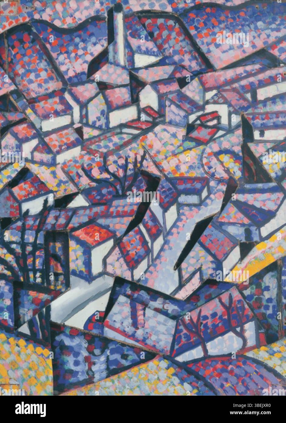 Un'opera d'arte in cartone degli anni '1930 di Pál István intitolata "paesaggio tridimensionale" dall'area di Gyöngyös-Solymos. Il pezzo è di 59 x 44,5 cm e presenta una tecnica a rilievo dipinto. Foto Stock