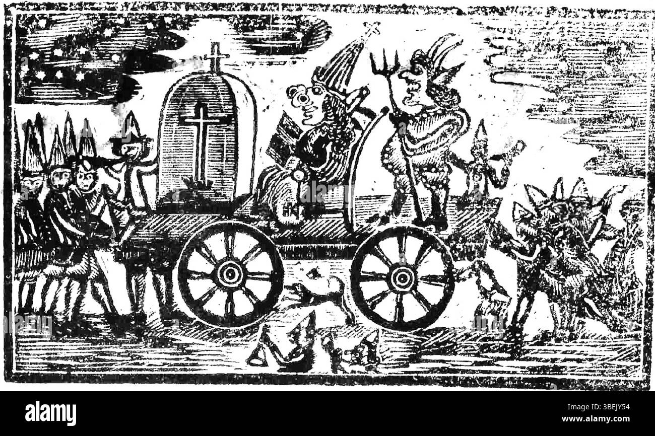 Questa illustrazione del 1768, intitolata "South end Forever North end Forever", è un'incisione relativa al clima politico e sociale di Boston durante il periodo pre-rivoluzionario. È legato alla celebrazione annuale della notte del Papa, che mostra la cultura bostoniana locale e immagini satiriche. Foto Stock