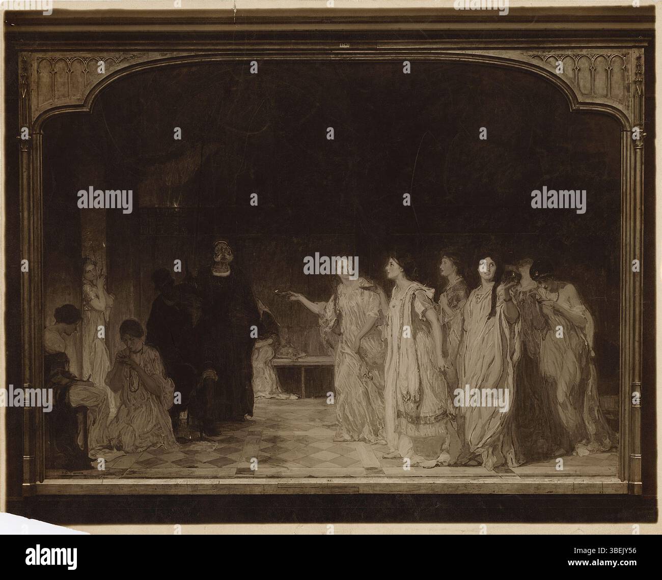 Questo dipinto del 1909 di Henry Ossawa Tanner, intitolato "Behold the Bridegroom Cometh", è anche conosciuto come "le sagge e stupide Vergini". Esplora temi di fede e prontezza, ispirati dalle parabole bibliche. Il lavoro di Tanner è riconosciuto per la sua profondità emotiva e la rappresentazione delle narrazioni religiose. Foto Stock