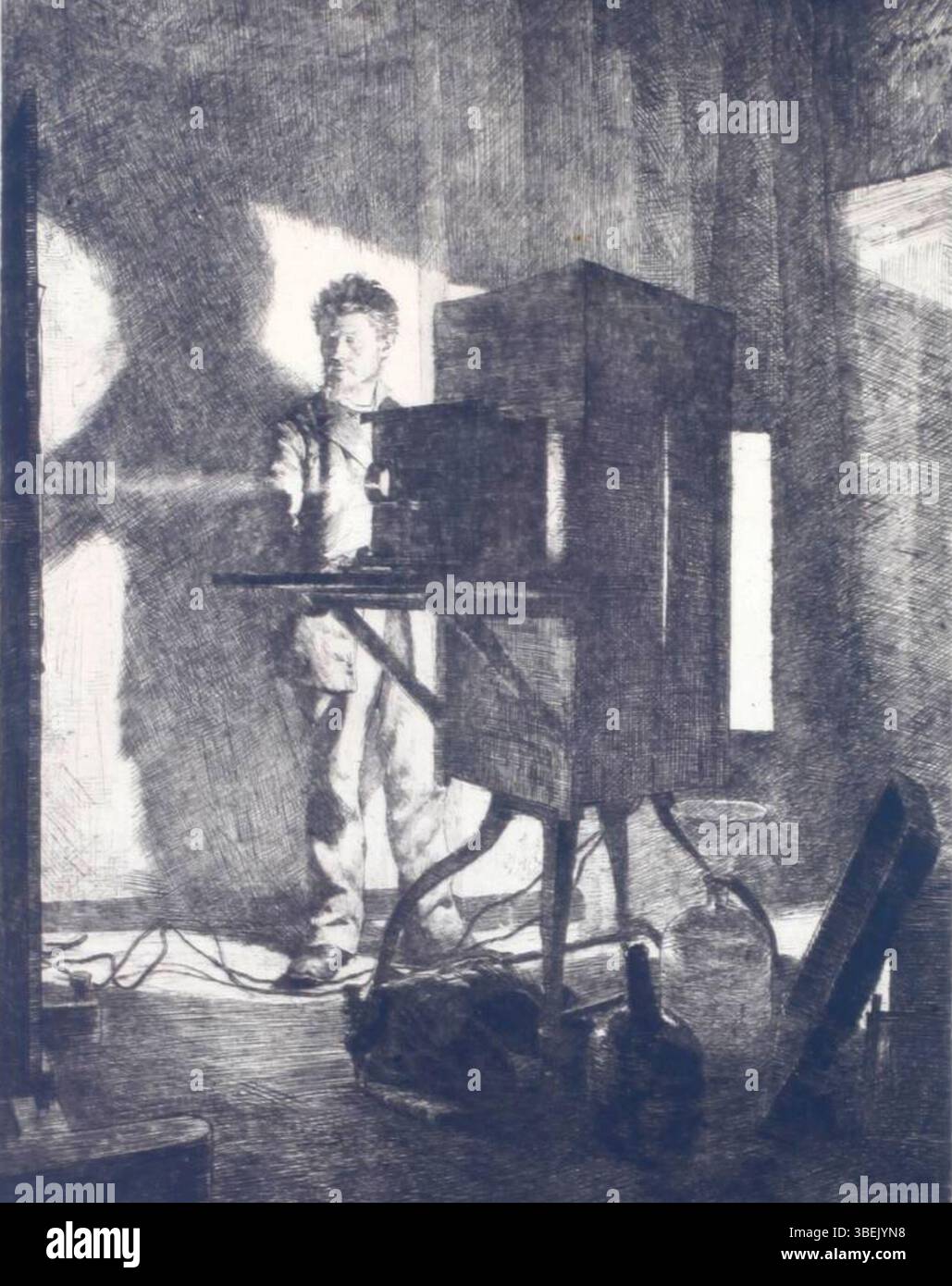 Fotografia di Adrien de Witte, intitolata "la Projection lumineuse", che raffigura il fotografo Hubert Zeyen che lavora con un dispositivo di ingrandimento sotto la luce elettrica nel suo studio. L'immagine, del 1889, cattura le prime fasi della tecnologia fotografica e delle pratiche di studio. Foto Stock