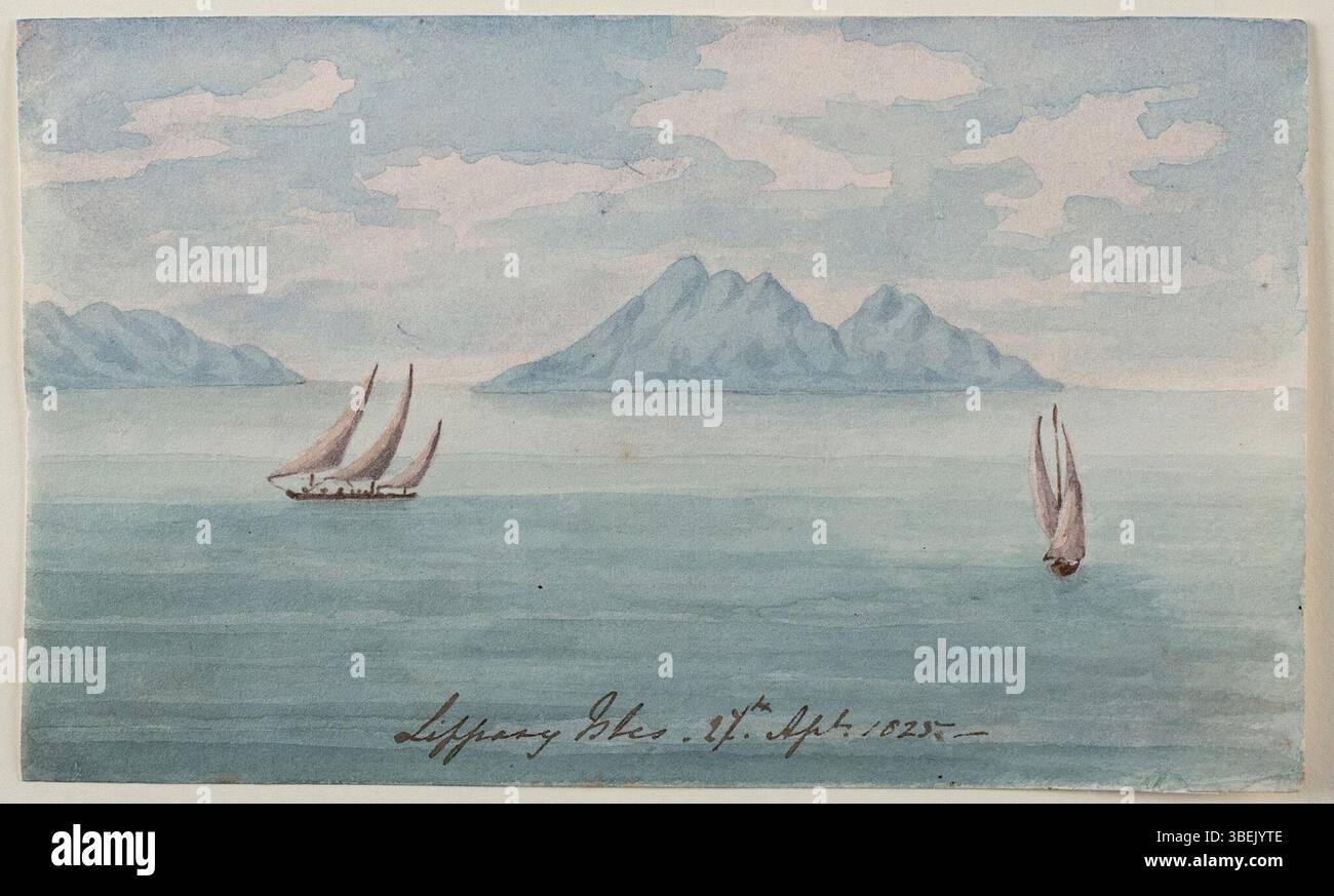 Acquerello creato da Elizabeth Campbell il 27 aprile 1825, illustrando una scena dalle Isole Lipari in Sicilia, parte dei suoi record di viaggio. Foto Stock