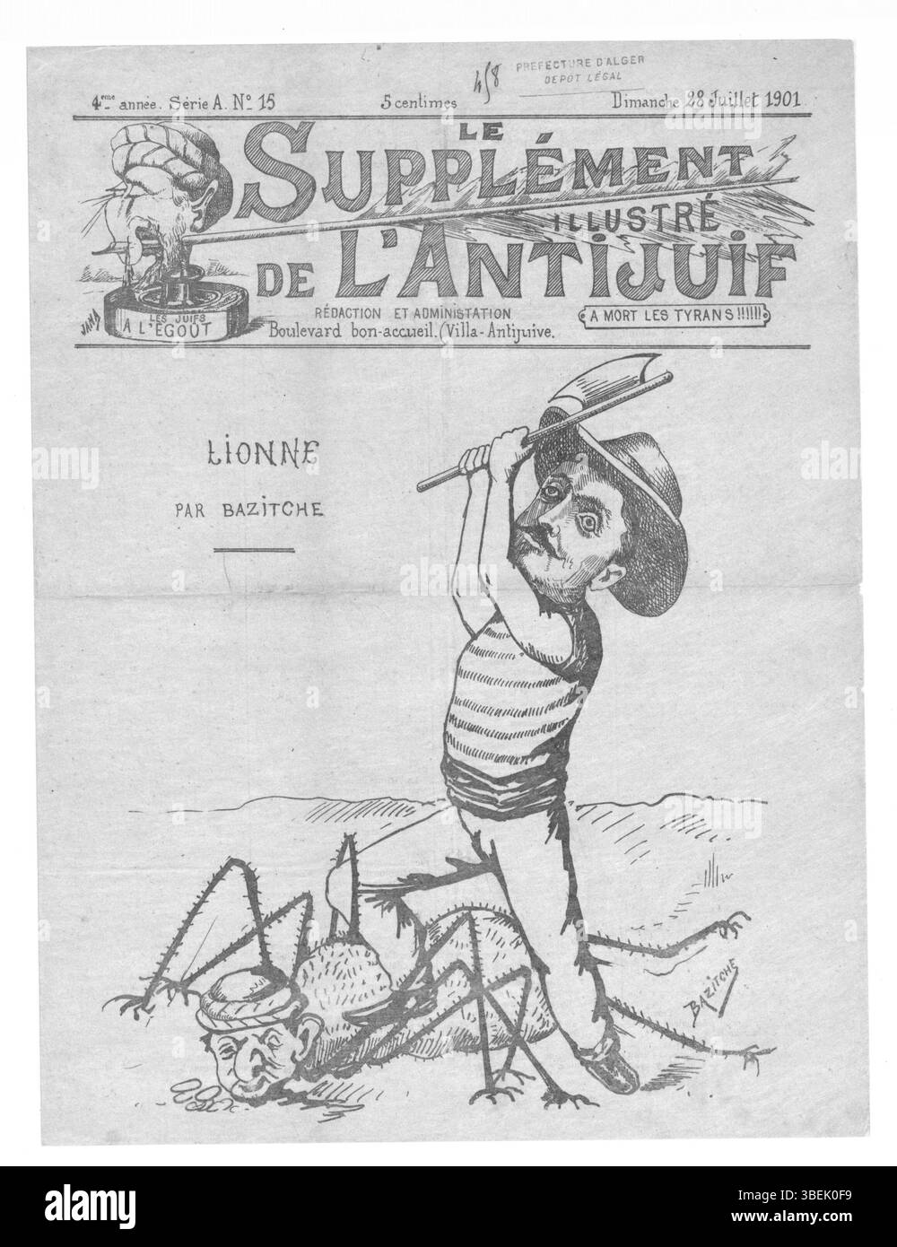 Edizione de 'l'Antijuif algérien' datata 28 luglio 1901, con commento politico illustrato in un contesto coloniale francese algerino. Foto Stock