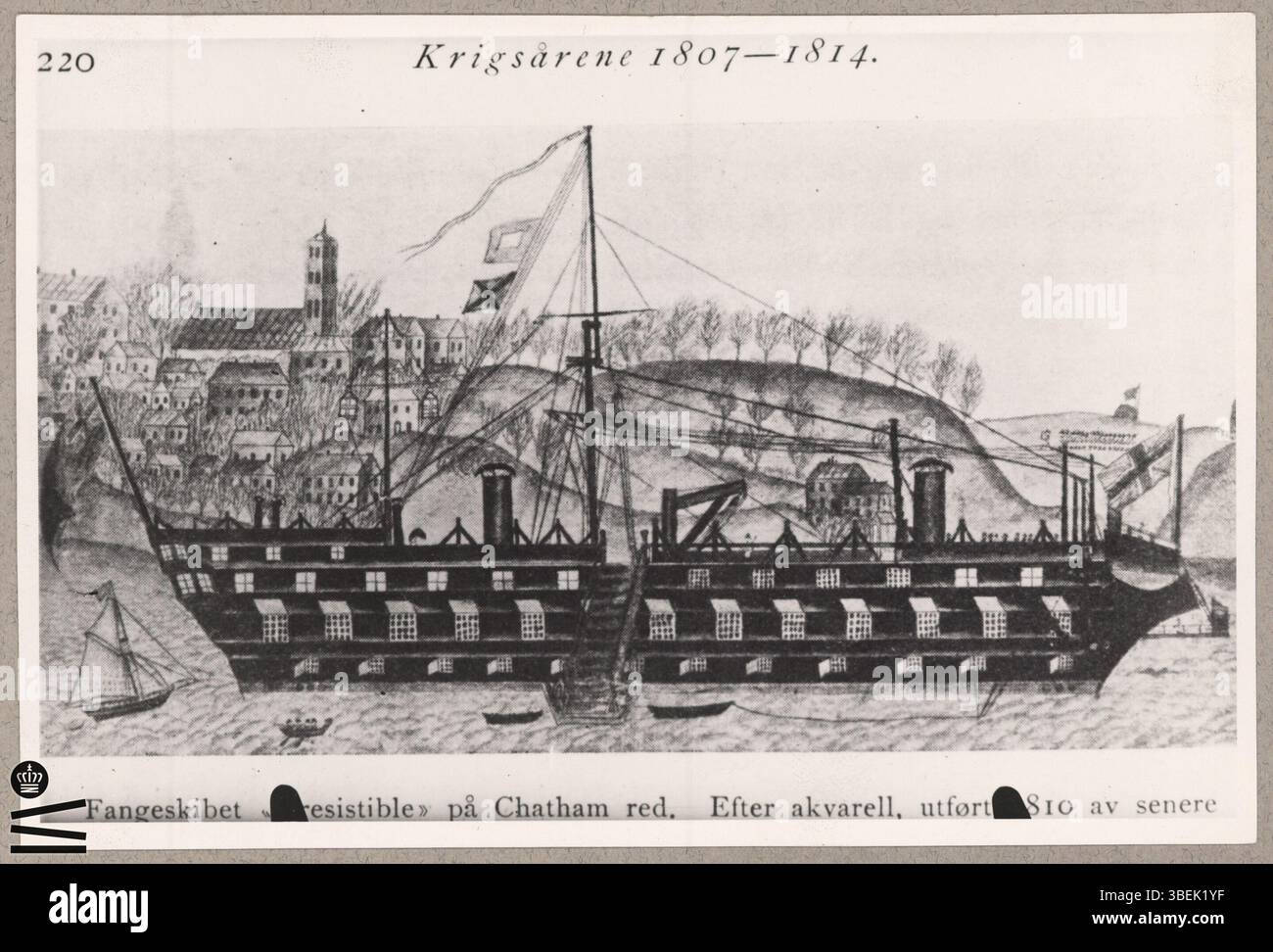 *Fangeskibet irresistibile* a Chatham, mostrato in un'opera d'arte di Arvid Schou, raffigura la nave prigione britannica *irresistibile* (ex Swiftsure) ancorata a Chatham in Inghilterra. L'immagine cattura il ruolo della nave come nave prigione durante il XVIII secolo. Foto Stock