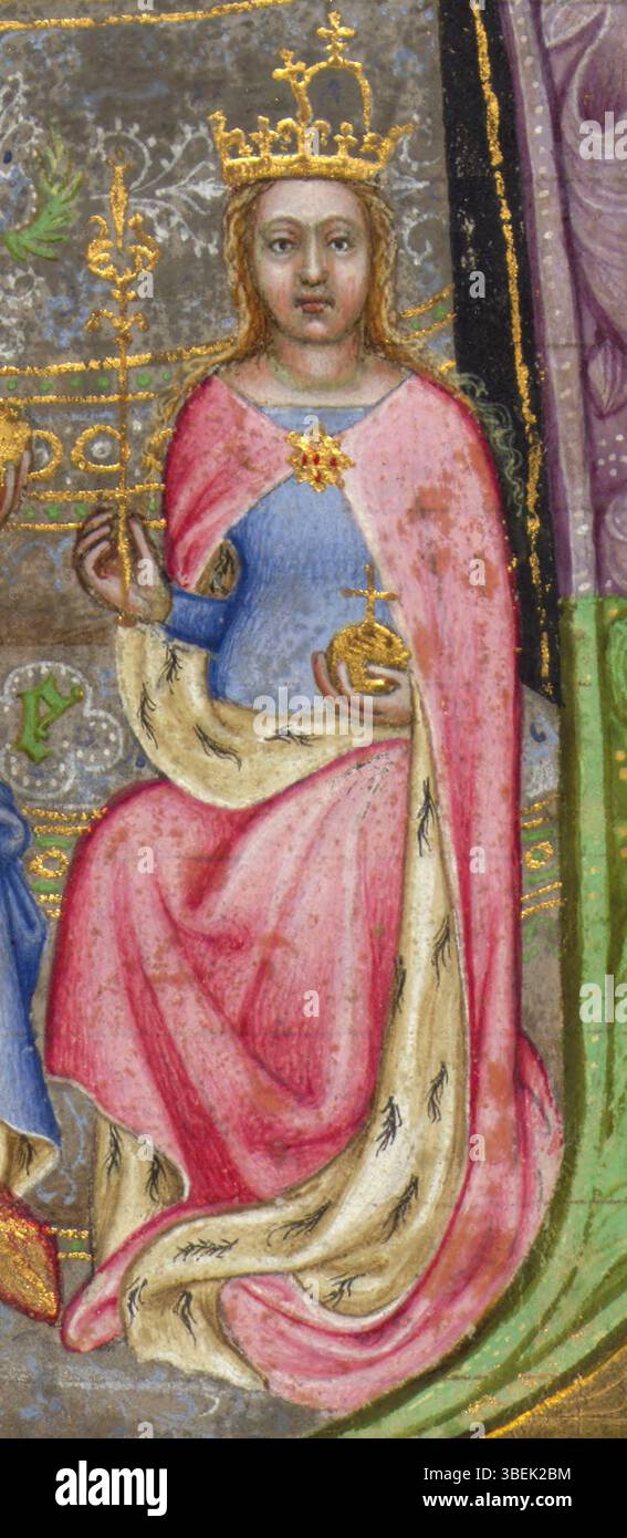 Questa pagina del *Wenzelsbibel* (1389-1400) presenta un'illuminazione medievale raffigurante re Venceslao IV e varie figure bavaresi. Il manoscritto esemplifica l'alto livello di artigianalità e dettaglio artistico nei testi religiosi del tardo medioevo. Foto Stock