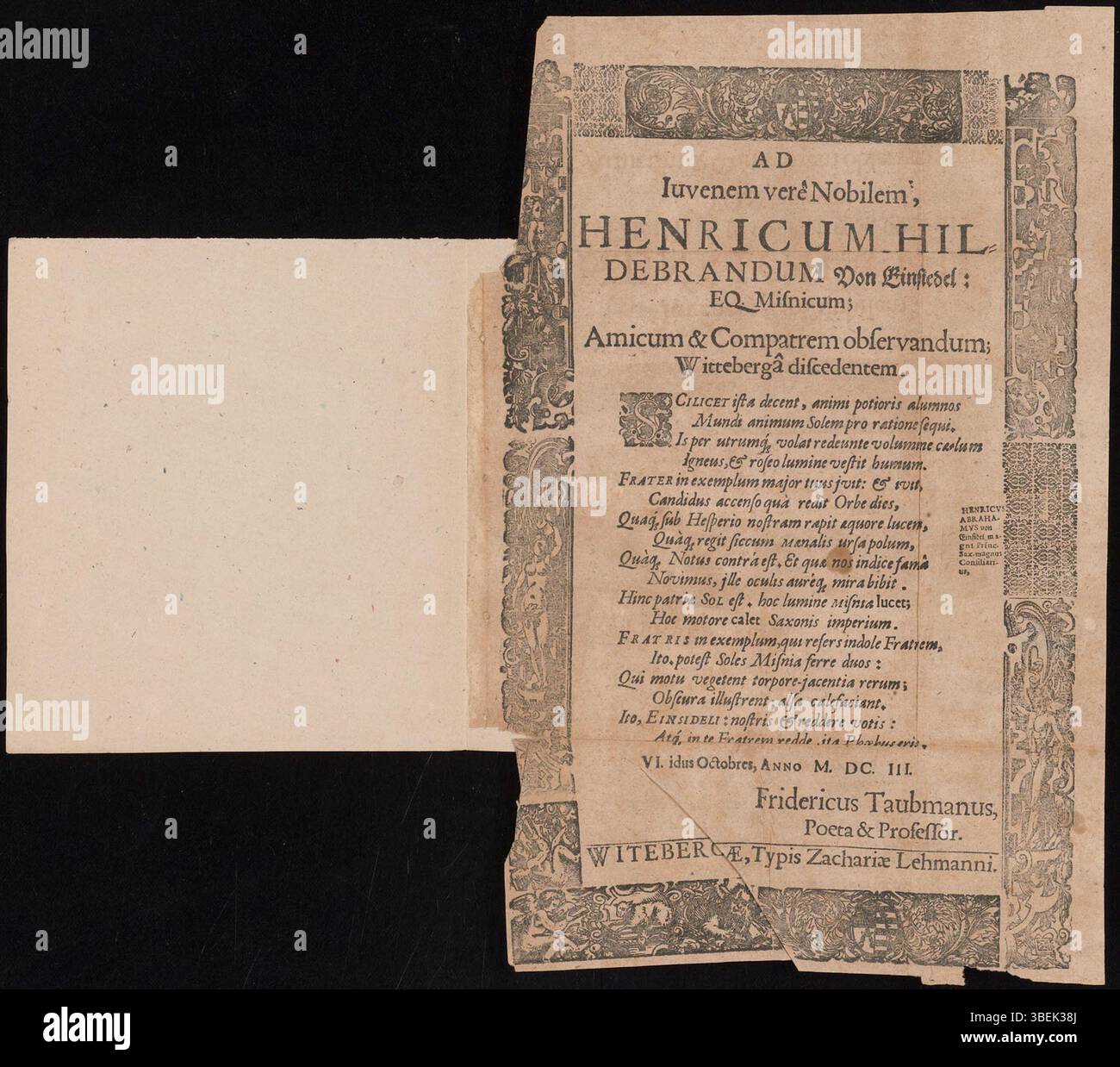 Un discorso di addio al giovane e nobile Henricus Hildebrandus von Einsiedel, cavaliere di Misnia, mentre lascia Wittenberg. Il testo è firmato da Fridericus Taubmann nel 1603. Foto Stock