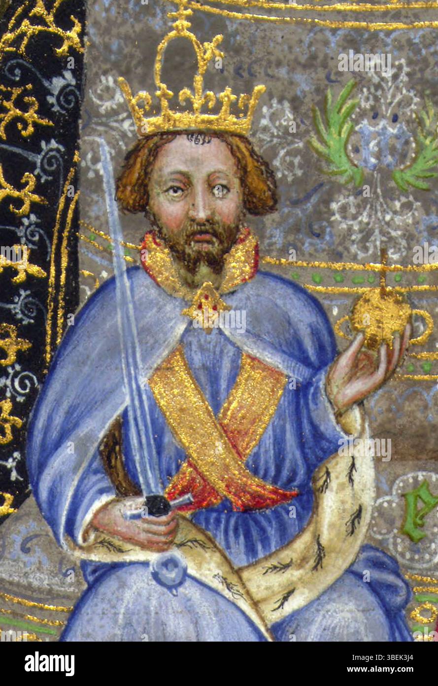 Questo manoscritto miniato del *Wenzelsbibel* (1389-1400) ritrae re Venceslao IV insieme a figure bavaresi. Il manoscritto mette in risalto l'arte religiosa medievale e la ricca tradizione della sponsorizzazione reale dei testi sacri. Foto Stock