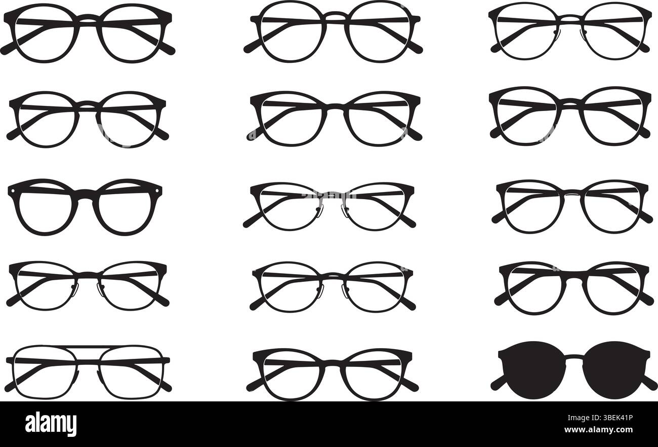 Occhiali da vista con silhouette nera Collection forme e dimensioni diverse isolati e set di eleganti silhouette da occhiali da vista, montature nere minimaliste Vector Illustrazione Vettoriale