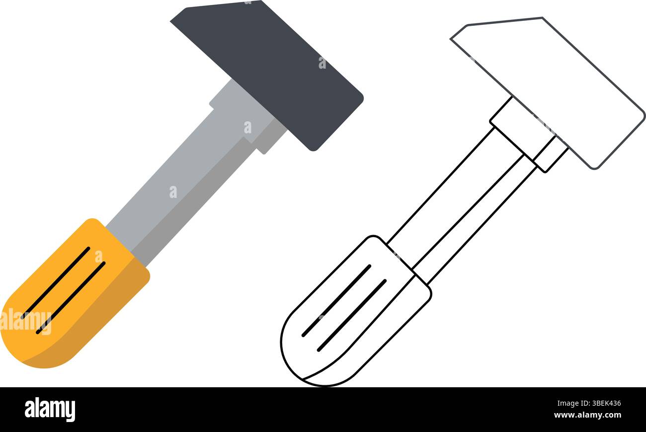 Progettazione martello vettore riempito vs disegno linea, Clipart per utensili da costruzione Illustrazione Vettoriale