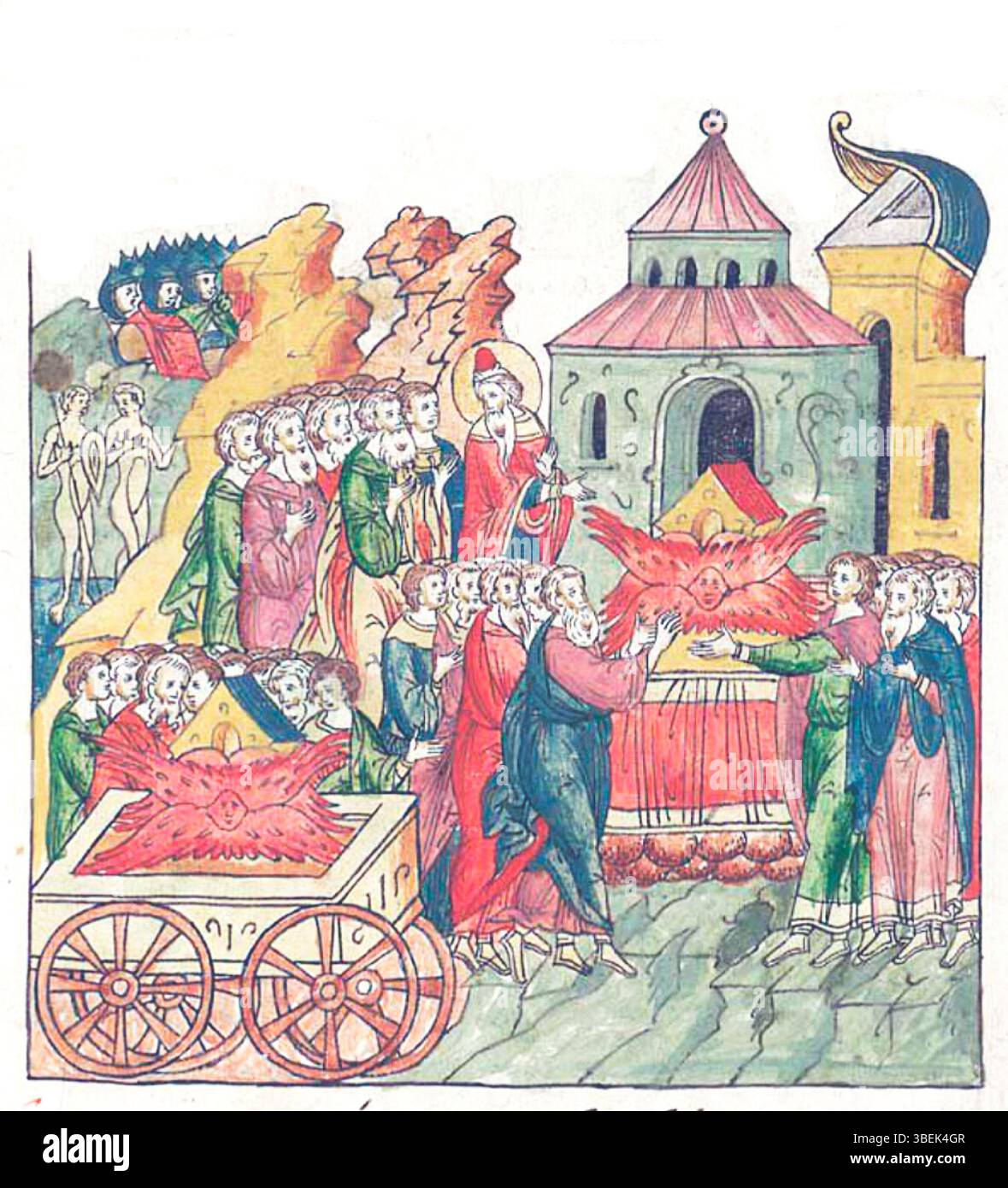 Questa illustrazione tratta da "Facial Chronicle" mostra Eleazar con l'Arca, evidenziando un momento chiave nella storia biblica. Il manoscritto, illuminato da anonimi artisti russi negli anni '1560, offre una narrazione visiva di eventi sacri durante il regno di Ivan il terribile. Foto Stock