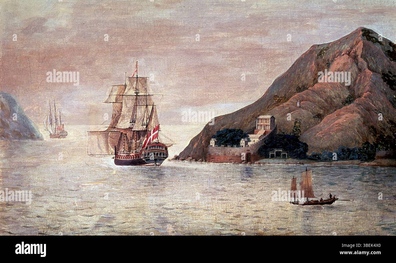 La fregata danese *Henriette*, comandata dal capitano Peter Norden Sølling, passò la fortezza mandarina a bocca Tigris sulla strada per Canton nel 1797-1798. Il dipinto, creato da un artista cinese, cattura lo storico viaggio della nave in Cina durante la fine del XVIII secolo. Foto Stock
