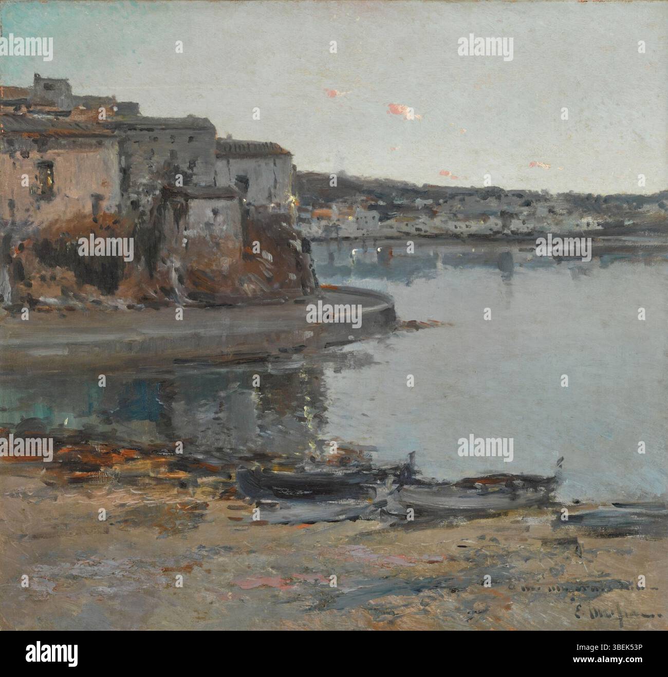 "Evening in Cadaqués" di Eliseo Meifrén y Roig (1857-1940) ritrae una tranquilla scena crepuscolare nella città costiera di Cadaqués. Il dipinto cattura la luce soffusa e l'atmosfera tranquilla della sera, con sottili transizioni di colore nel cielo e nell'acqua. Foto Stock