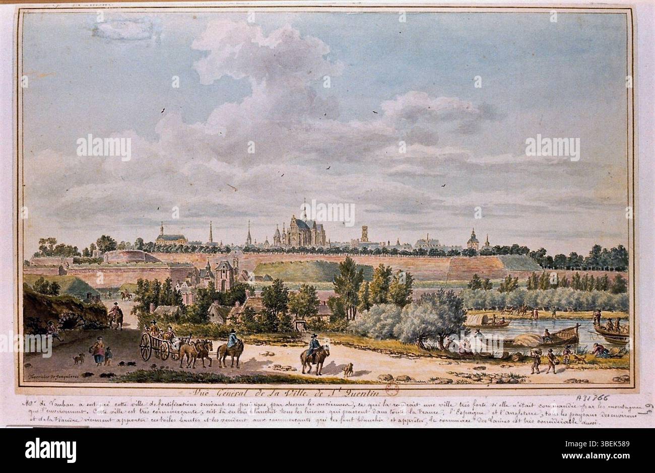 Questo disegno del XVIII secolo di Tavernier de Jonquières presenta la città di Saint-Quentin, in Francia, vista da sud. Il pezzo include una descrizione dettagliata delle fortificazioni della città e del significato commerciale durante il periodo, in particolare nel commercio tessile e della lana. Foto Stock