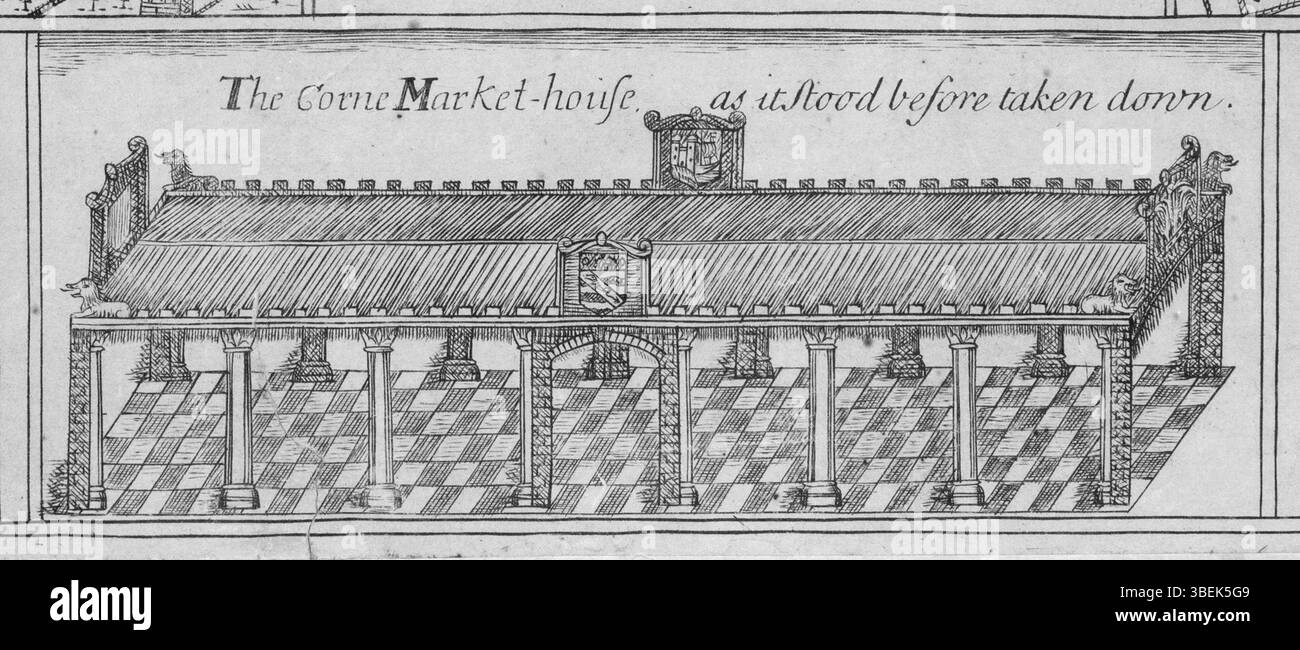 Rappresentazione del mercato del mais (Wine Street) a Bristol dalla mappa della città di James Millerd del 1728, basata sulla versione del 1673 ma con la didascalia che notava la scomparsa del vecchio mercato del mais. Foto Stock