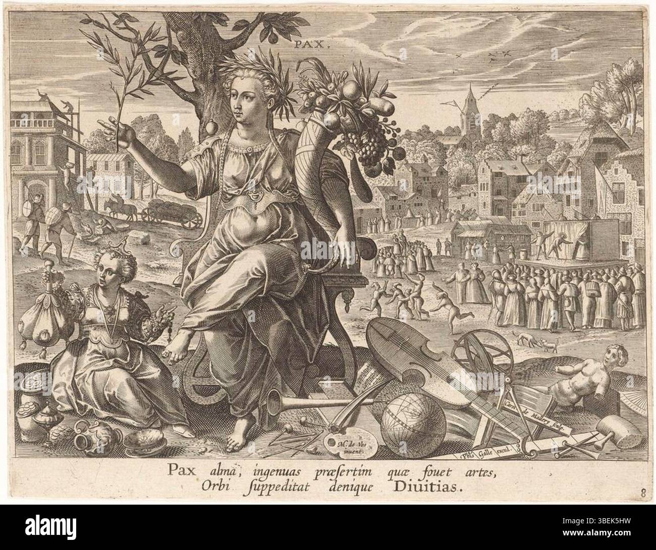 Stampa *Pax* dalla serie 'Circulus vicissitudinis' di Carel de Mallery, dopo Marten de Vos. Creato intorno al 1570-1595, ospitato nella Graphische Sammlung della Staatsgalerie di Stoccarda. Foto Stock