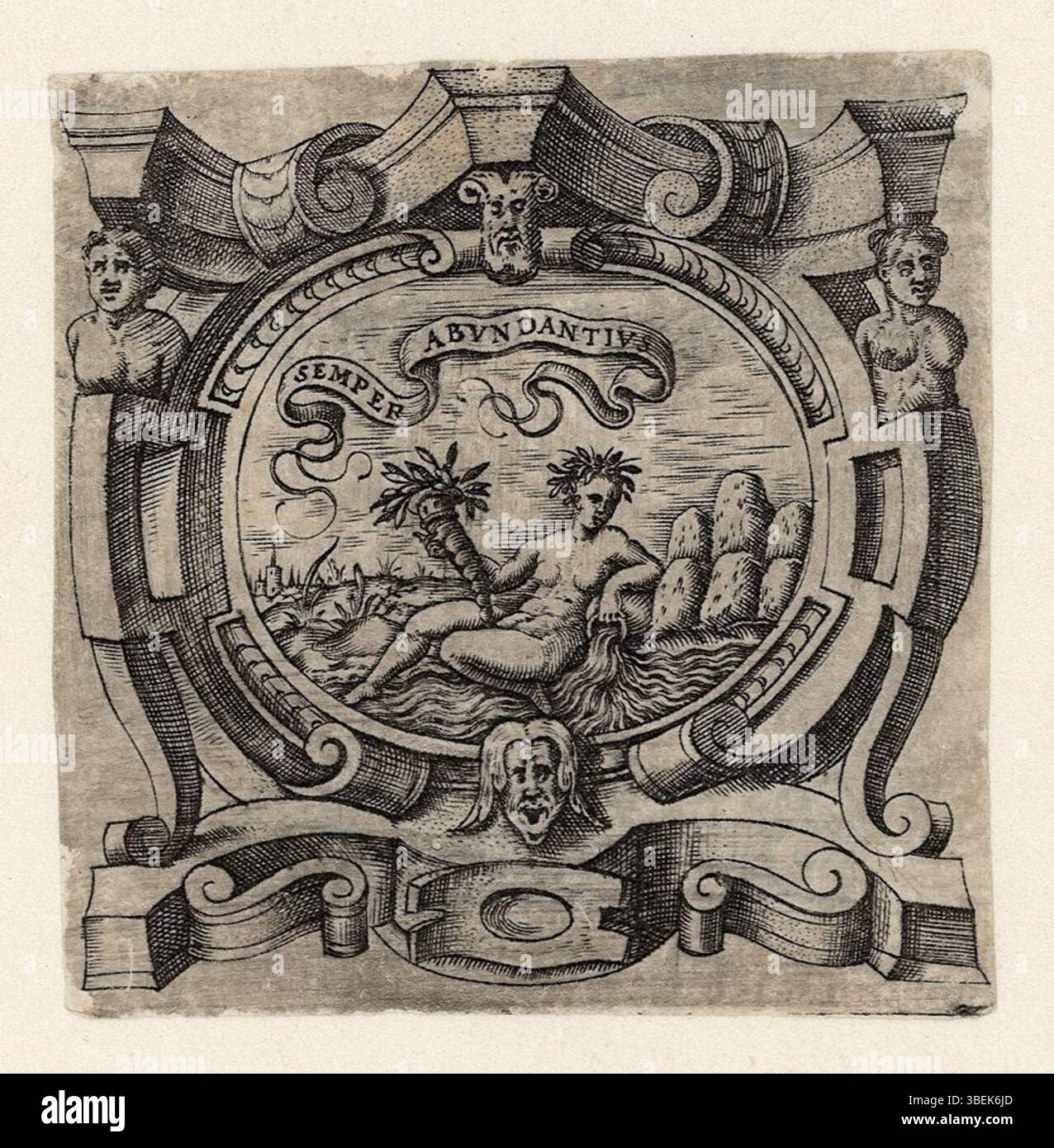 L'incisione di Girolamo Porro del 1586 raffigura l'emblema di Bartolomeo Meduna, con elementi allegorici come una ninfa, un fiume e una montagna. Rappresenta le tradizioni araldiche e simboliche del tardo Rinascimento. Foto Stock