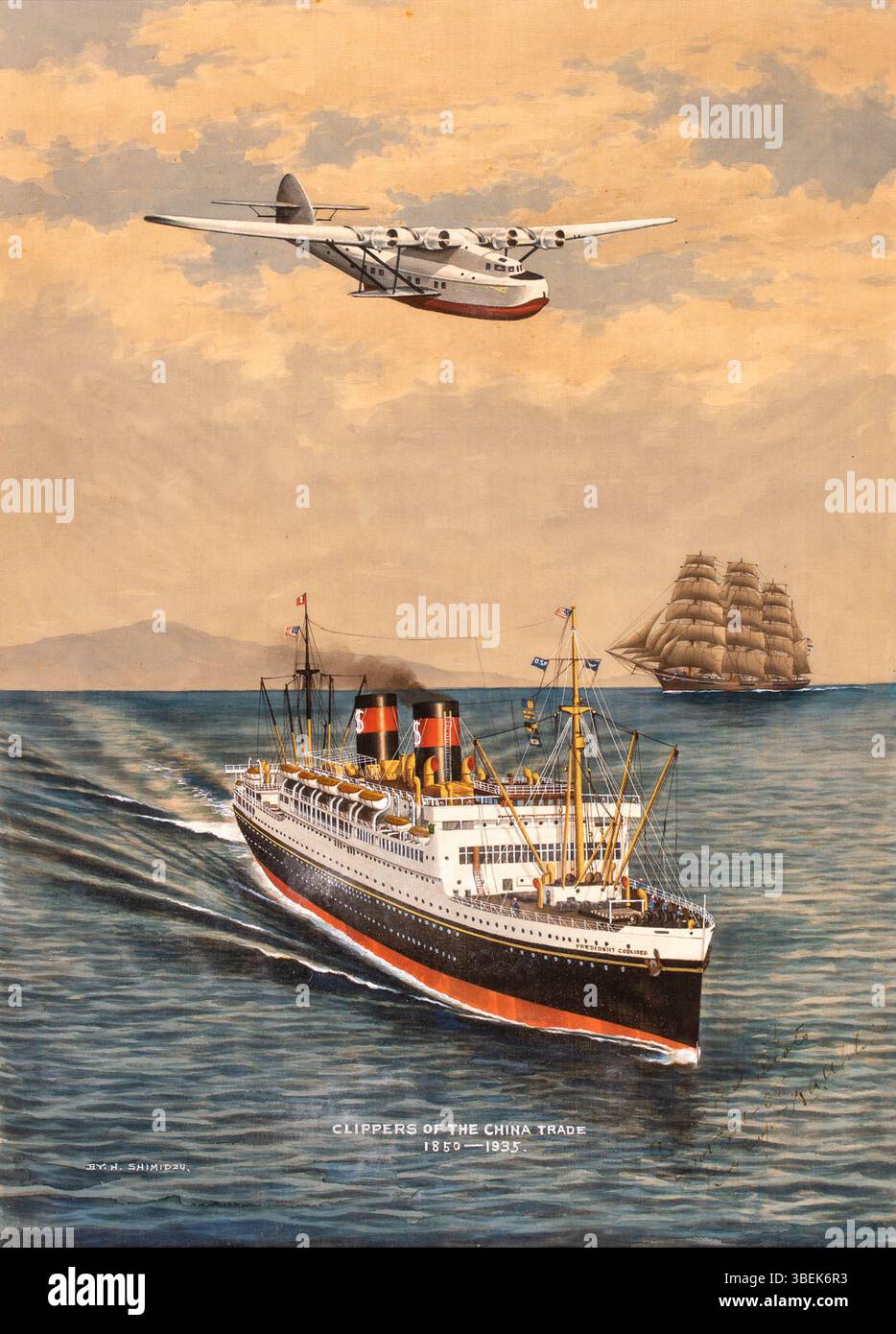 Questo dipinto ad acquerello di H. Shimidzu, risalente al 1935 circa, raffigura China Clipper di Pan Am Airlines e il presidente della S.S. Coolidge, una nave gestita dalla Dollar Steamship Lines. Il lavoro cattura un momento di storia aerea e marittima, riflettendo il significato dei China Clippers durante gli anni '1930 Foto Stock