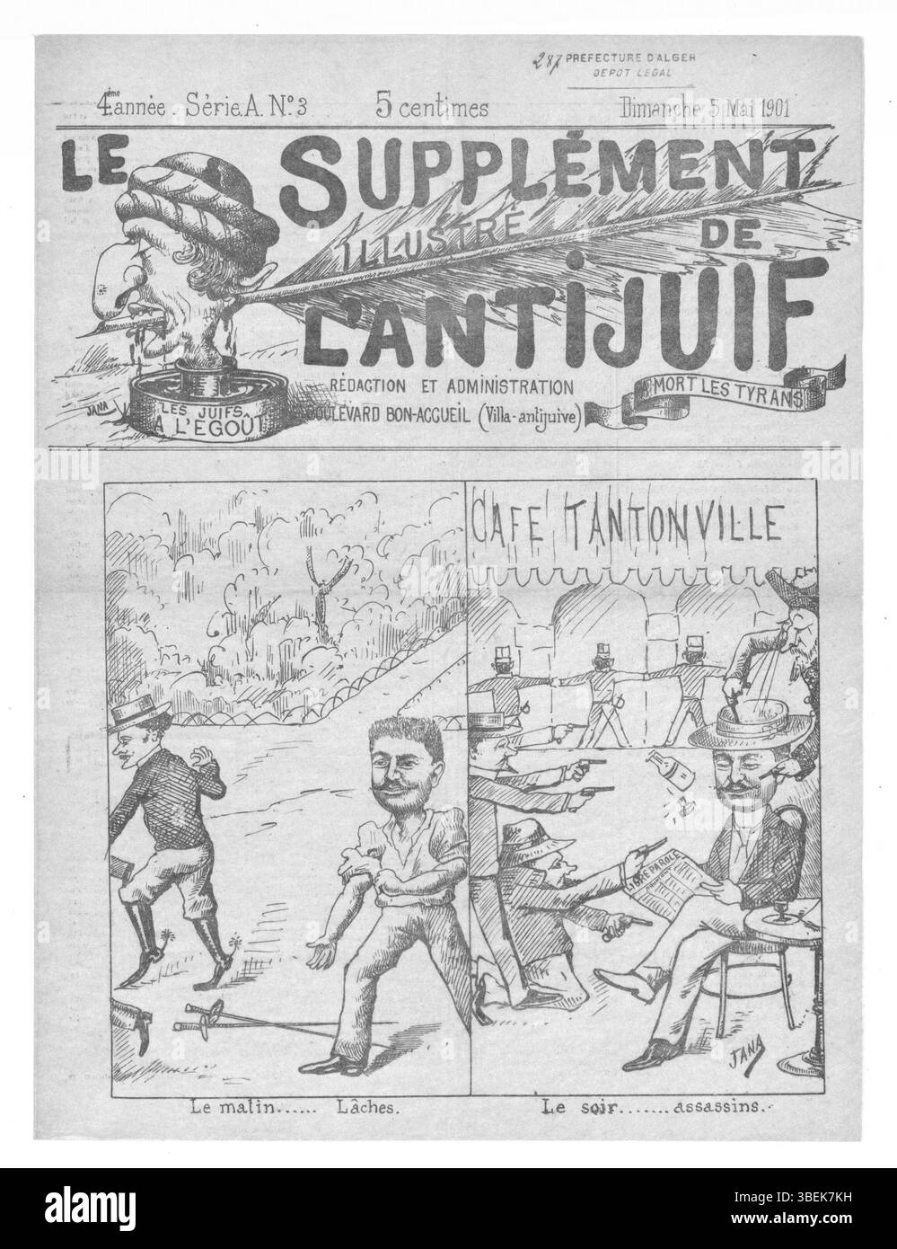 L'edizione del 5 maggio 1901 di "l'Antijuif algérien" fa parte di una pubblicazione in corso che affronta temi antisemiti in Algeria, pubblicata all'inizio del XX secolo durante il dominio coloniale francese. Questa edizione riflette l'ambiente socio-politico del periodo. Foto Stock