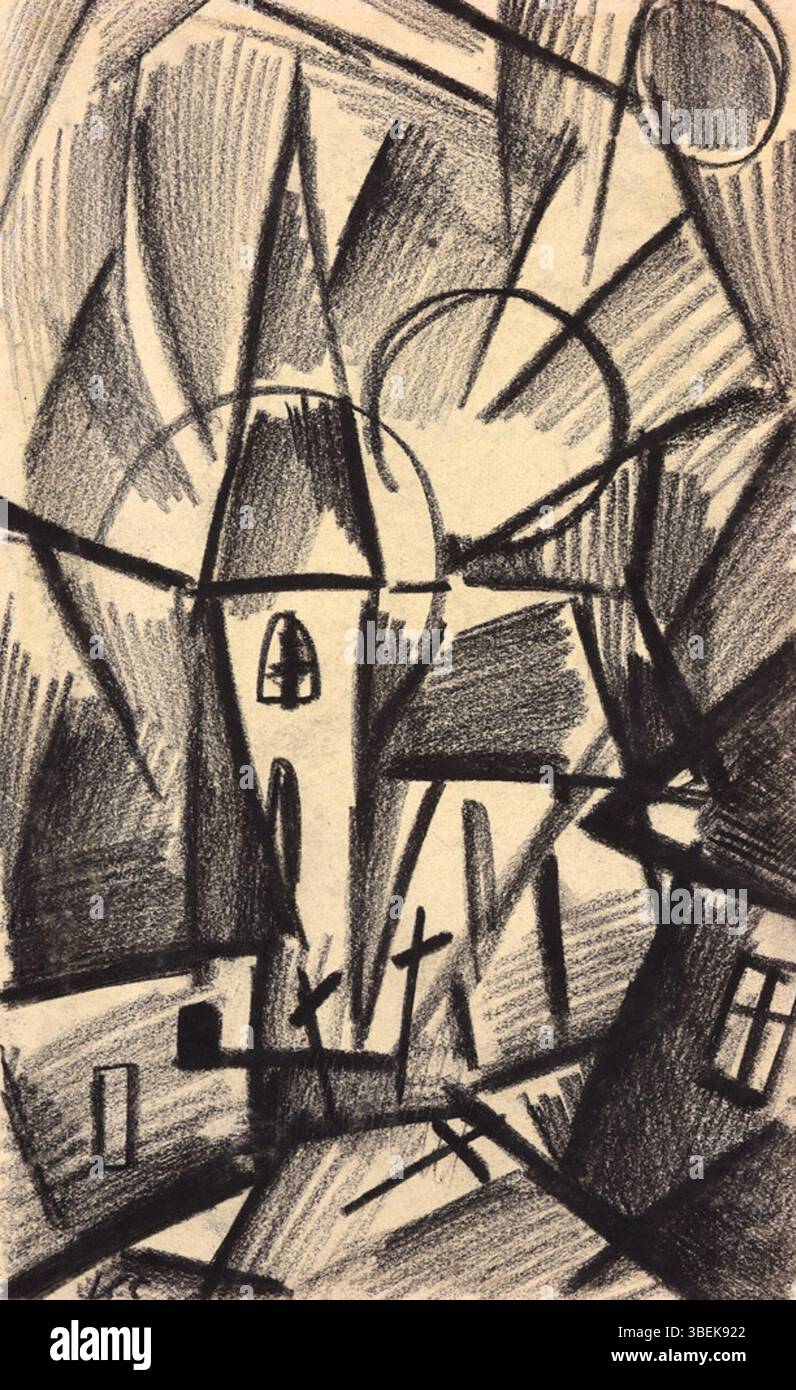 Il disegno del 1918 di Kurt Schwitters "Z 97 Dreieck kreist Kirche (Dorf und Welt)" è stato creato in carbone su carta. L'opera d'arte, di 19 x 11,7 cm, presenta un monogramma e iscrizioni scritte a mano dall'artista. È incluso nel catalogo dell'opera dell'artista con il numero di catalogo 341a. Foto Stock