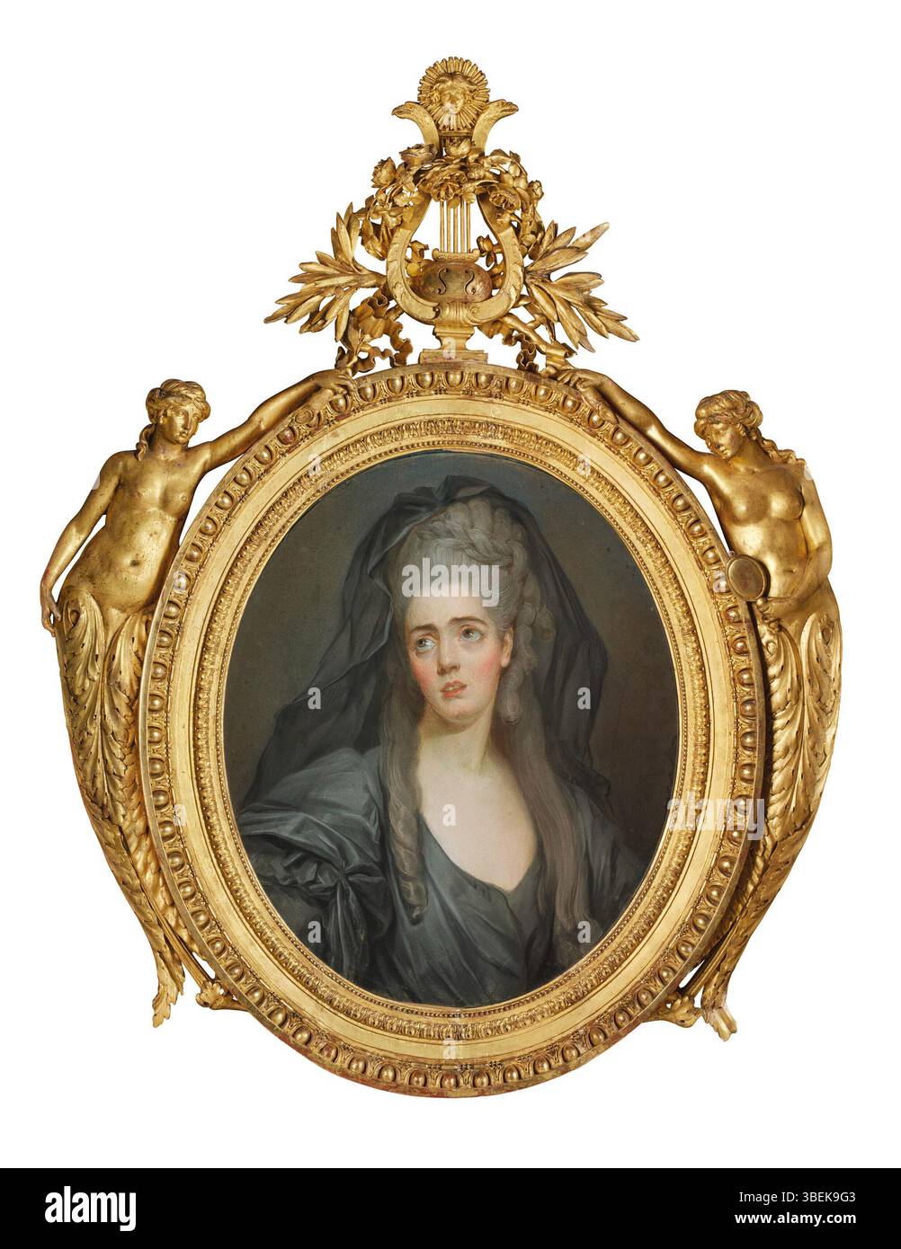 Questo ritratto francese del XVIII secolo di un artista sconosciuto raffigura Madeleine-Sophie Arnould come Télaire dall'opera "Castor et Pollux". Il dipinto mette in evidenza il suo ruolo nella rappresentazione operistica, catturandola in una posa drammatica come il personaggio. Foto Stock