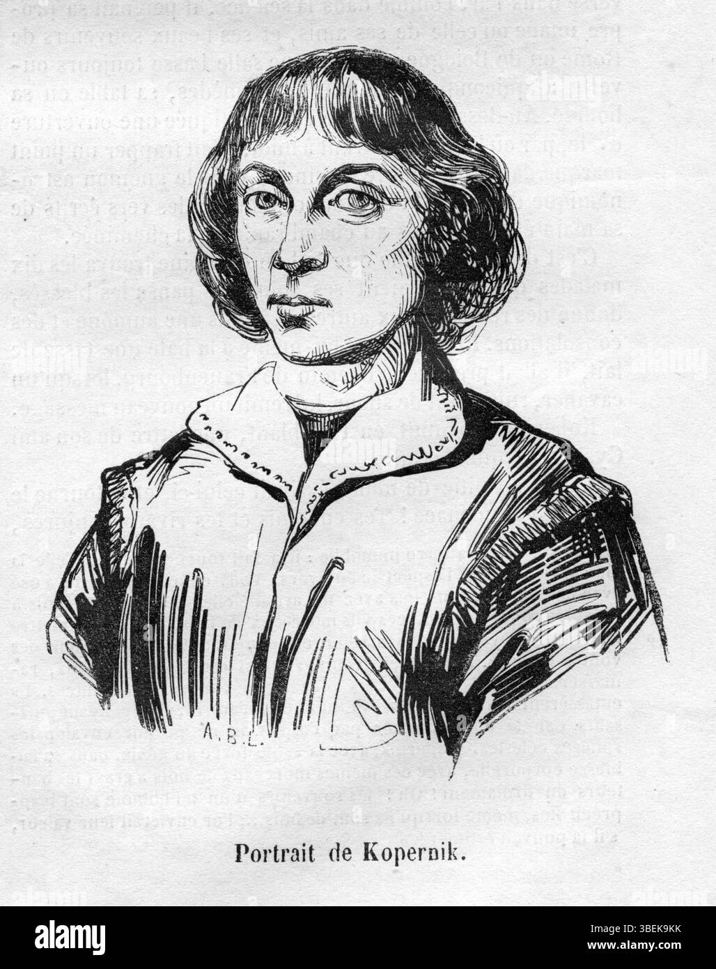 Ritratto inciso di Nicolaus Copernicus (Mikolaj Kopernik), di A.B.L. data sconosciuta. L'immagine mostra l'astronomo polacco che ha formulato il modello eliocentrico del sistema solare. Foto Stock