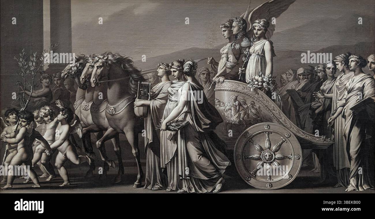 "Le triomphe du tsar Alexandre Ier ou la Paix" (1814) di Louis Léopold Boilly raffigura lo zar Alessandro i in trionfo, simboleggiando la pace. Il dipinto dell'inizio del XIX secolo cattura l'atmosfera celebrativa dell'Europa del dopoguerra, mostrando l'abilità di Boilly nel rendere gli eventi storici. Foto Stock