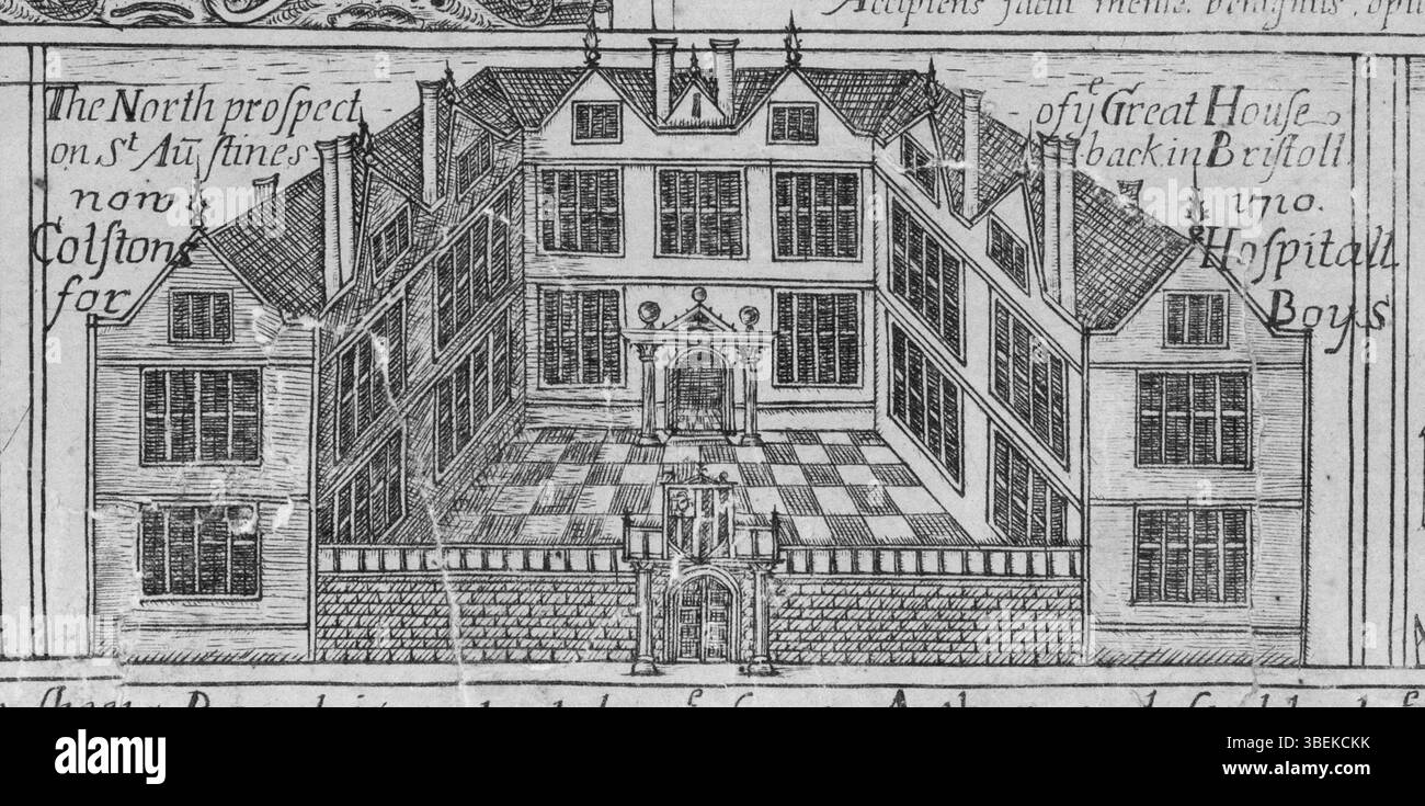 Un'illustrazione del 1728 raffigurante la grande Casa di Bristol, un punto di riferimento chiave nella storia e nello sviluppo della città durante il XVII secolo. Foto Stock