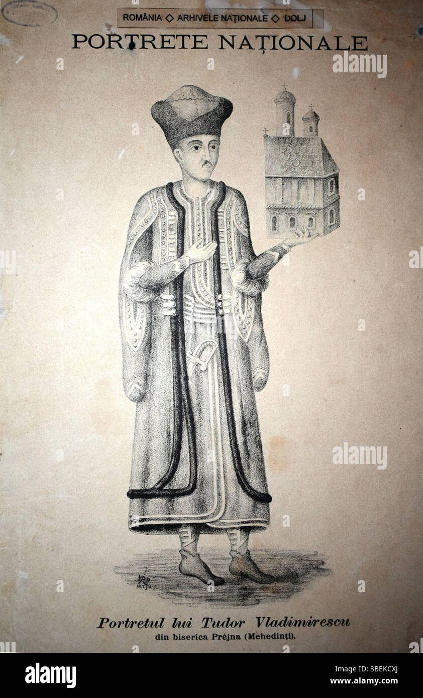 Un ritratto di Tudor Vladimirescu dalla chiesa in legno di Prejna, contea di Mehedin'i, Romania. La rappresentazione celebra l'eredità dell'eroe nazionale nella storia rumena. Foto Stock