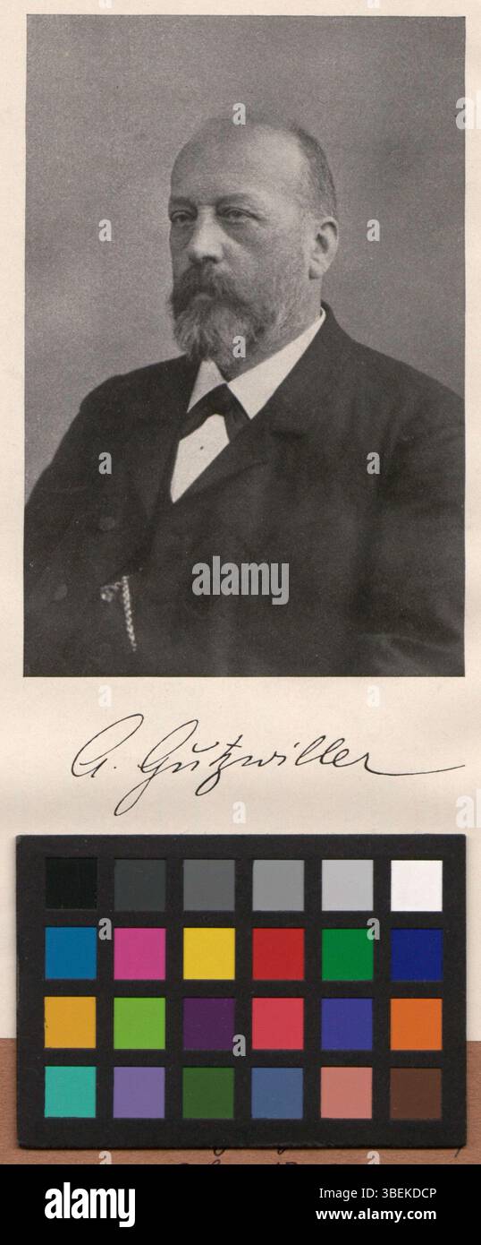 Questa riproduzione fotografica in bianco e nero, tra il 1890 e il 1910, presenta Andreas Gutzwiller, che offre informazioni sui primi metodi fotografici del periodo. Foto Stock