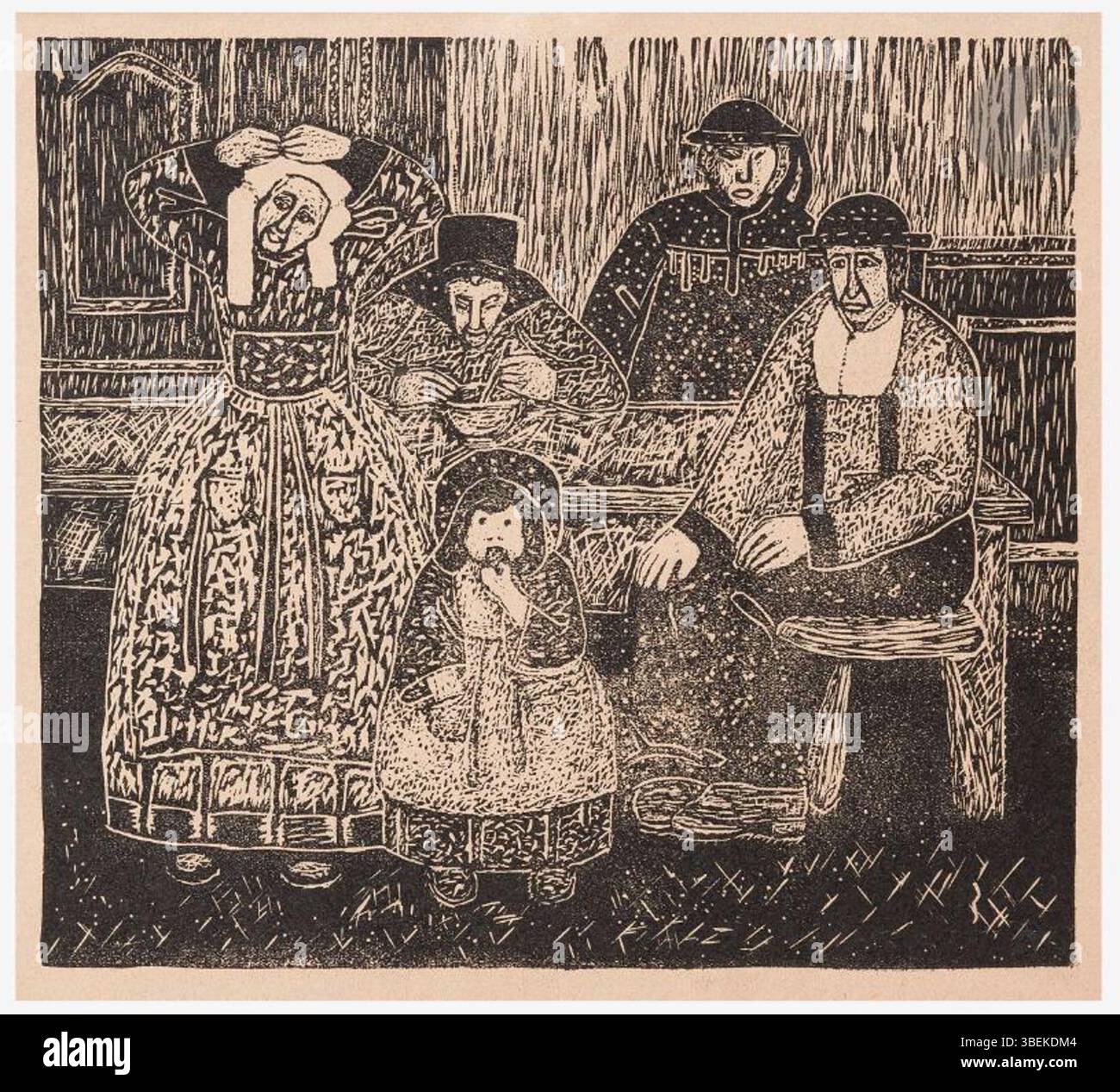 La stampa in legno del 1894 di Georges Rasetti *Famille de paysans, Huelgoat* ritrae una famiglia di contadini a Huelgoat, catturando un momento di vita rurale. La stampa riflette la semplicità rustica e la vita della campagna francese dell'epoca. Foto Stock