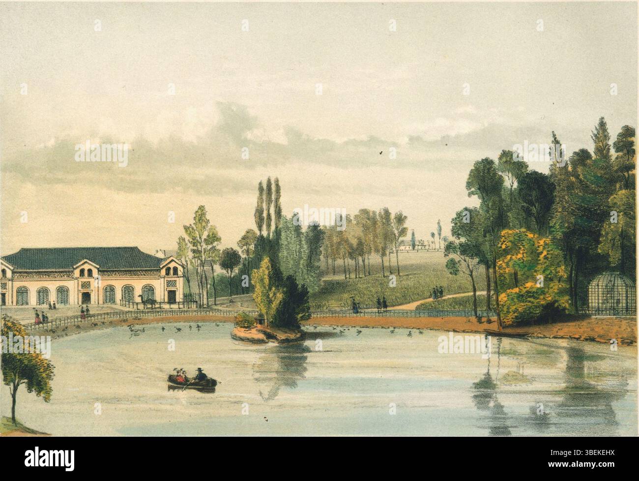 1856 litografia di Adrien Canelle che mostra il lago al giardino zoologico di Bruxelles, pubblicata da J. Géruzet. Foto Stock