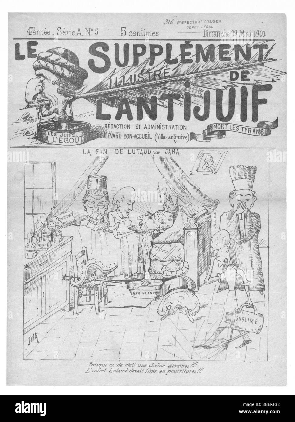 Questo numero datato di 'l'Antijuif algérien' del 19 maggio 1901, fa parte di una serie che discute i sentimenti antisemiti in Algeria durante l'inizio del XX secolo, riflettendo il clima sociale e politico dell'epoca. Foto Stock