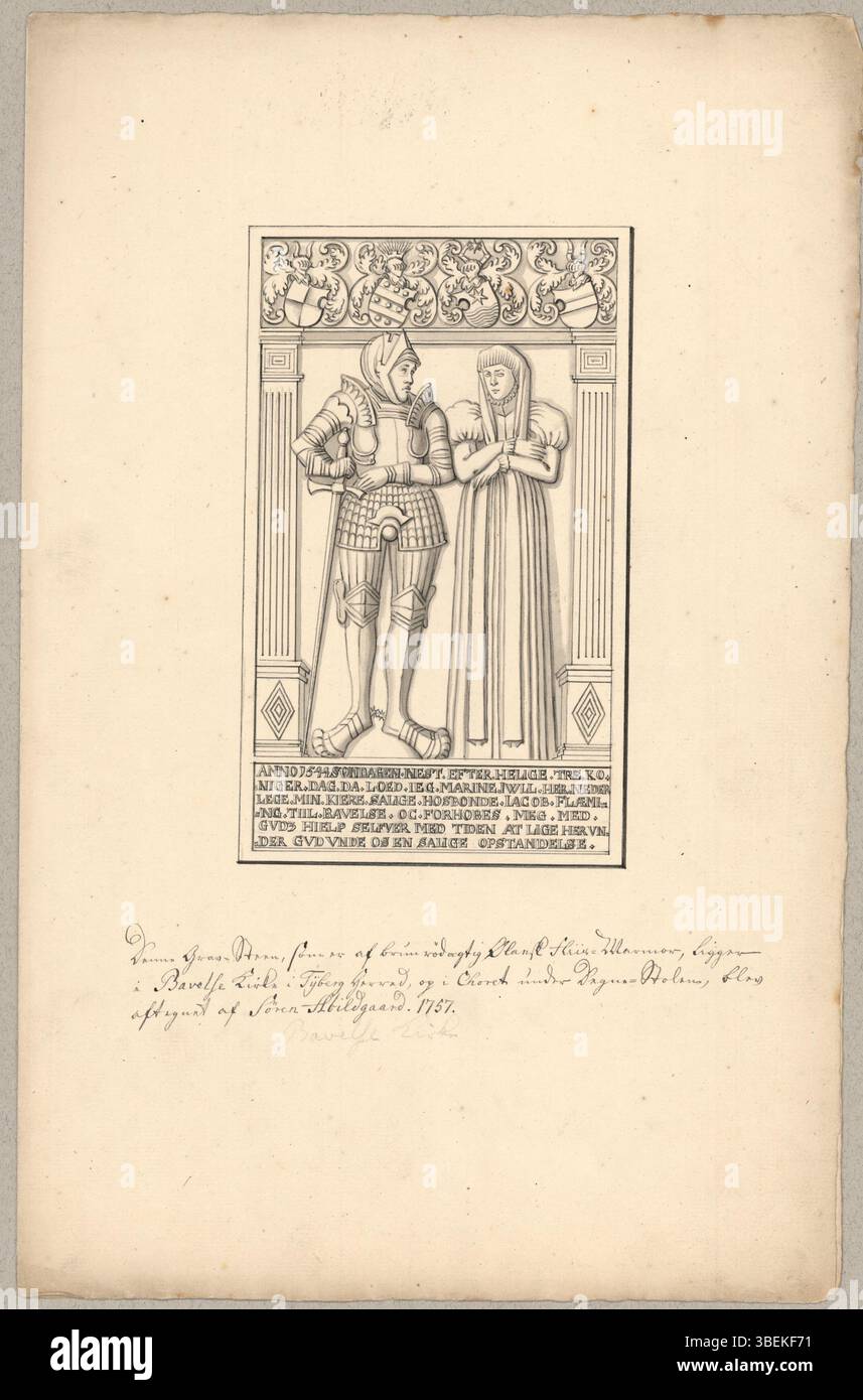 Questa lapide, risalente al 1544, commemora Jacob Flemming e sua moglie Marine Juel. La pietra è un importante manufatto storico nel patrimonio danese, che segna il loro contributo al XVI secolo. Foto Stock