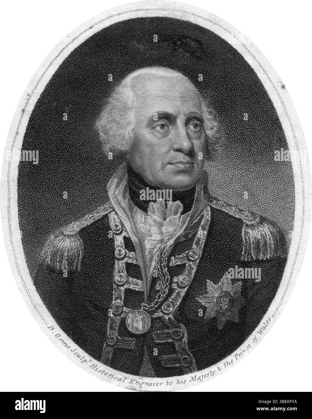Questo ritratto inciso, creato da Daniel orme tra il 1766 e il 1832 circa, rappresenta l'ammiraglio Richard Howe, un importante ufficiale navale britannico. L'incisione risale alla fine del XVIII o all'inizio del XIX secolo. Foto Stock