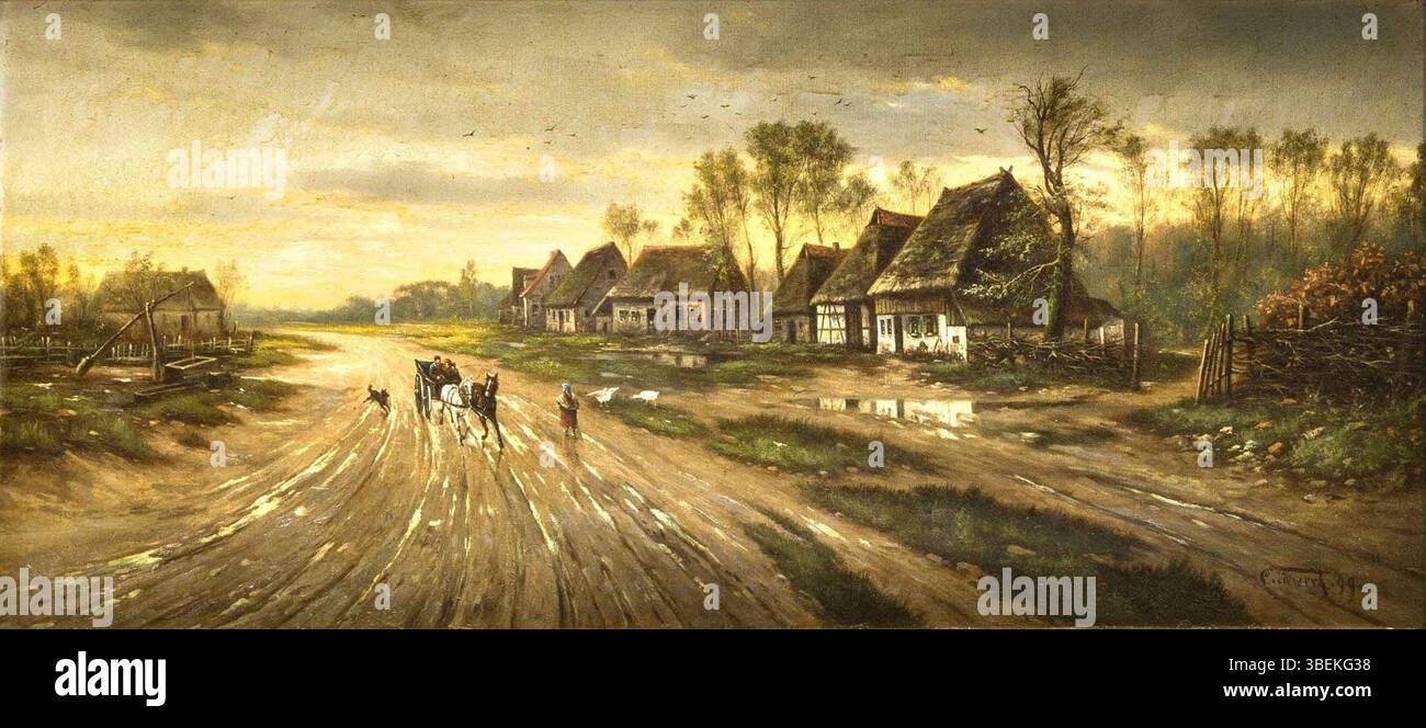 "Dörfliches Idyll mit Figurenstaffage im Abendlicht" di Clara Siewert (1899) ritrae una scena di villaggio al crepuscolo, con figure in un ambiente rurale. Questo olio su tela misura 40 x 88 cm. Foto Stock