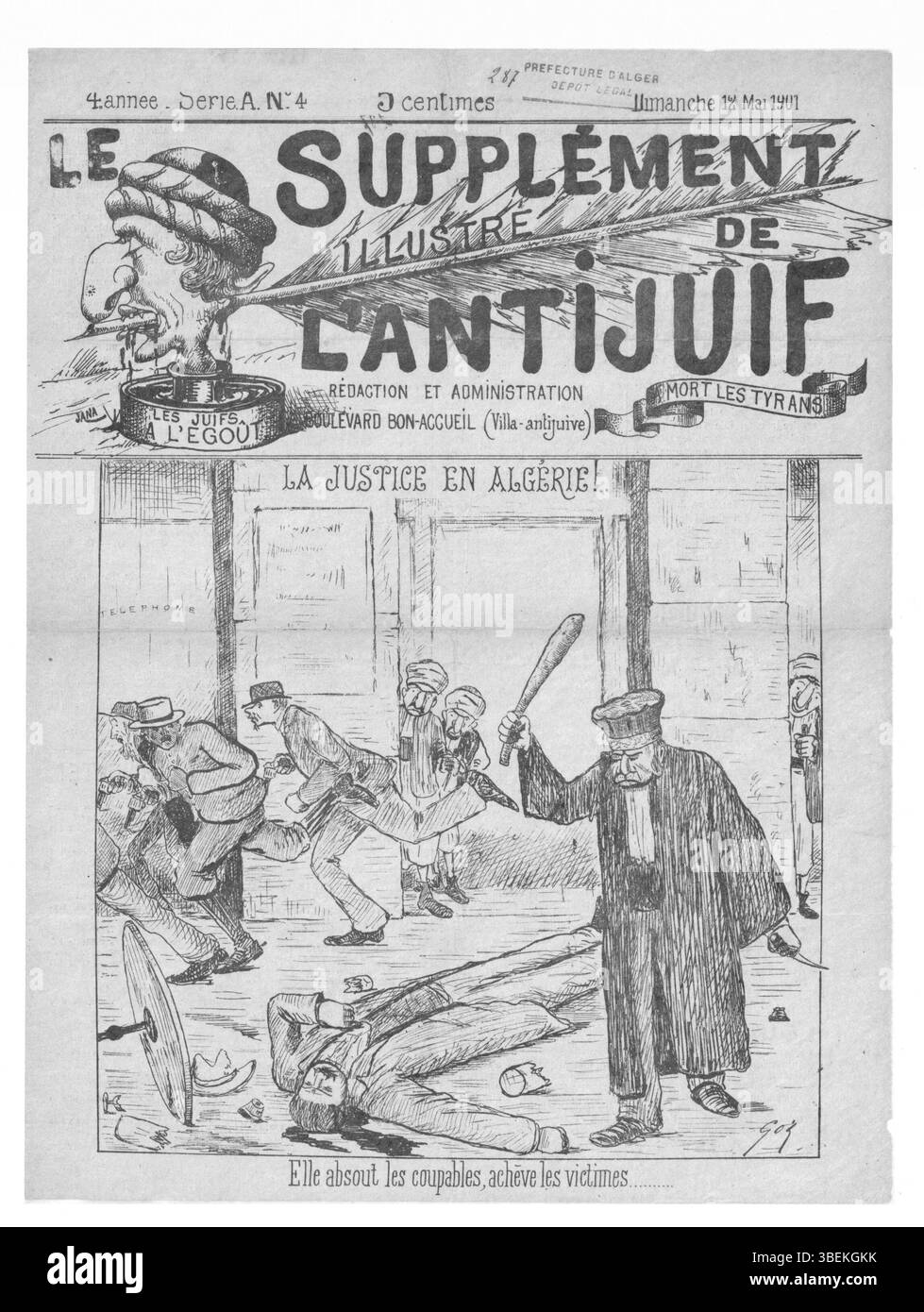 Questo numero di "l'Antijuif algérien", datato 12 maggio 1901, include materiale illustrato che presenta temi politici allineati con le opinioni antiebraiche. Foto Stock