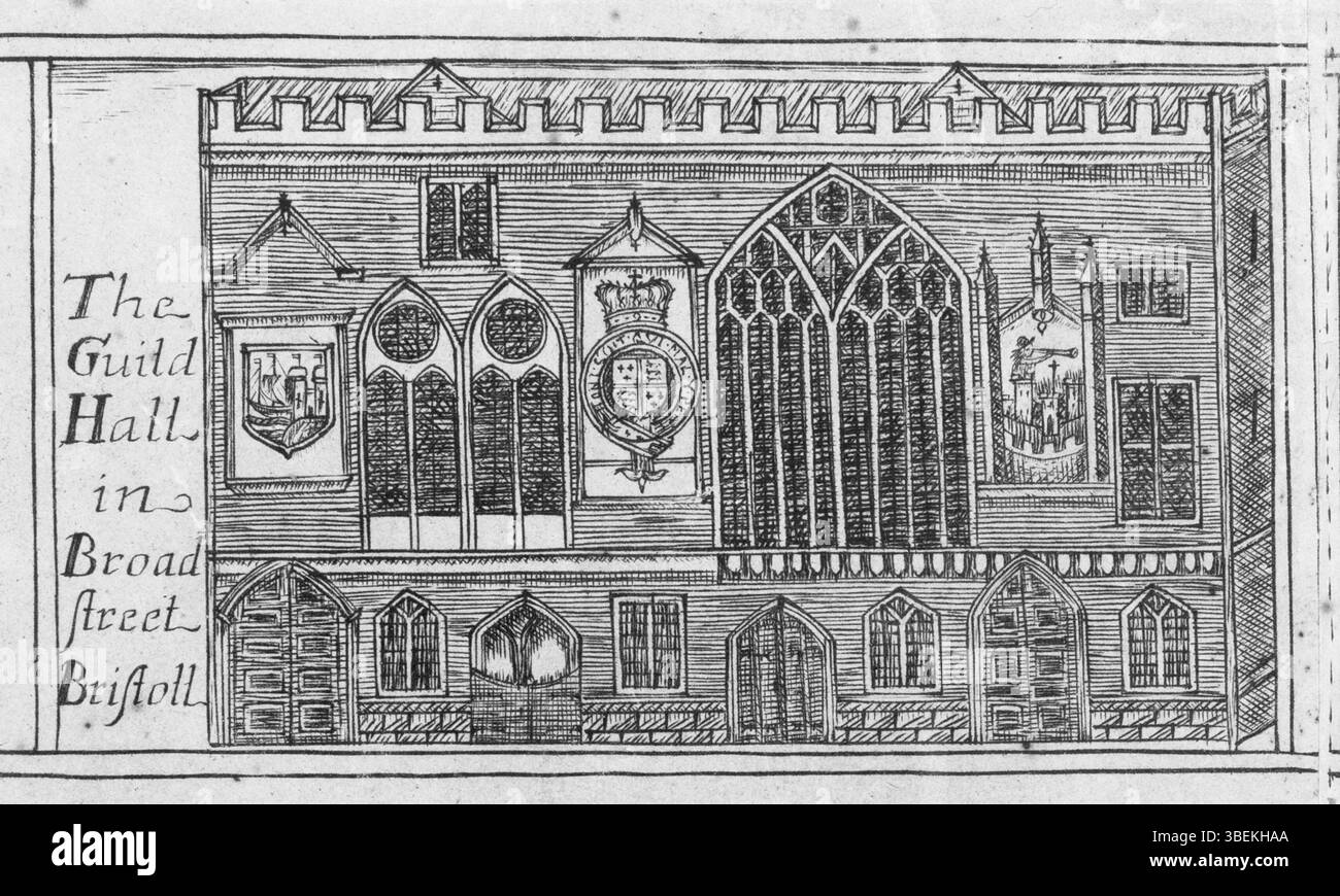 Un'illustrazione del XVII secolo della Guild Hall di Bristol, situata su Broad Street, riprodotta nella mappa di Millerd del 1728 con un'attenzione particolare e precisione storica. Foto Stock