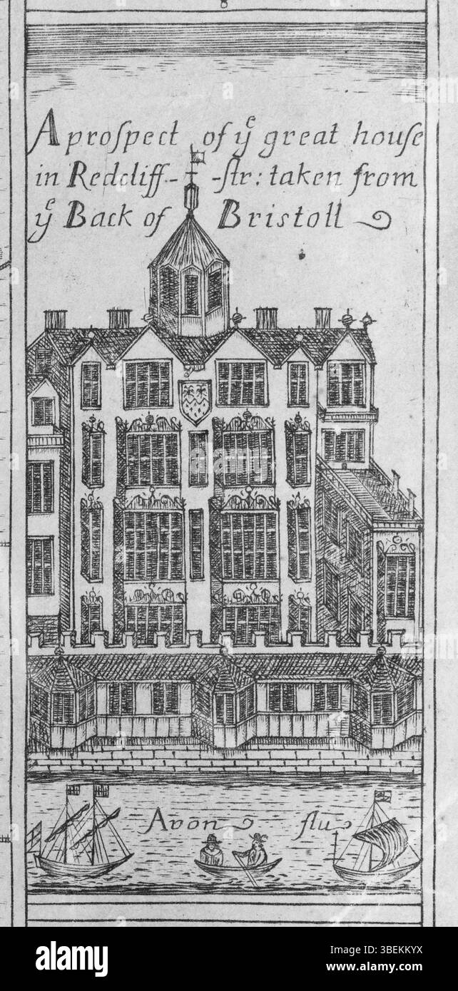 Un'illustrazione del XVII secolo della grande Casa di Redcliffe, parte del tessuto urbano storico di Bristol, come raffigurato nella mappa di Millerd del 1728. Foto Stock