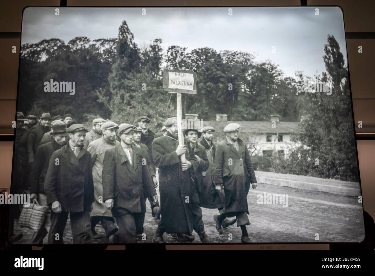 Ebrei che portano un cartello: "Verso la Palestina", Olocausto - il genocidio degli ebrei, il memoriale di Caen, Caen, un museo e memoriale di guerra che commemora il mondo Foto Stock