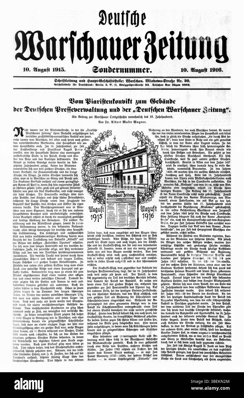 La prima pagina della Deutsche Warschauer Zeitung del 10 agosto 1916 fornisce un'istantanea degli eventi durante la prima guerra mondiale. Il giornale, pubblicato in tedesco, fu una fonte chiave di informazioni durante la guerra, riflettendo l'atmosfera politica e sociale nella Varsavia occupata durante il conflitto. Foto Stock