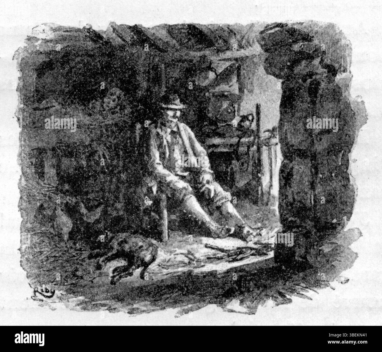 Il disegno di Édouard Riou a pagina 129 del *sul l'Eau* di Maupassant completa visivamente il testo del 1888. Questo pezzo cattura un momento significativo all'interno della narrazione, evidenziando l'esplorazione dell'acqua dell'autore e la sua presenza simbolica. Foto Stock