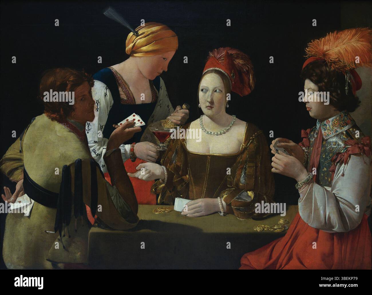 Questo dipinto del 1635, *le Tricheur à l'as de carreau* di Georges de la Tour, raffigura un giocatore d'azzardo che imbroglia a carte, un momento catturato con incredibile realismo e attenzione alla luce e all'ombra. Foto Stock