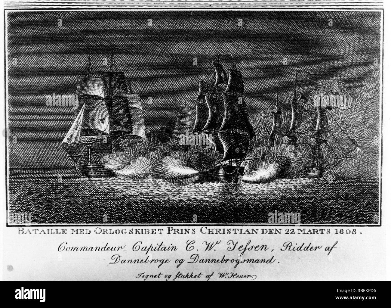 Questa incisione in rame raffigura la "Battaglia di Zealand Point" a Sjællands Odde, Danimarca, durante l'anno 1808. La scena storica mostra lo scontro tra le forze navali danesi e britanniche durante le guerre napoleoniche, con rappresentazioni drammatiche della battaglia in mare. Foto Stock