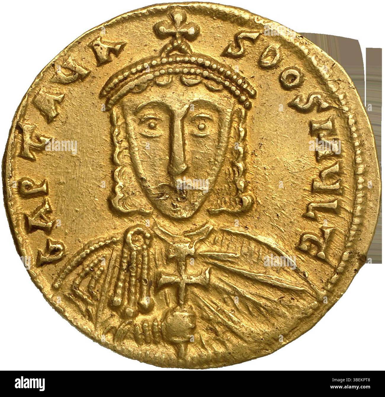 Una moneta solidus dell'imperatore Artabasdo, coniata intorno al 742-743. Questa moneta bizantina mostra Artabasdos, una figura significativa nella storia dell'Impero bizantino durante l'VIII secolo. Foto Stock