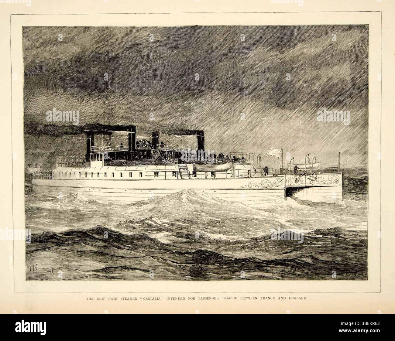 Questa illustrazione del 1874 di Joseph Nash raffigura il piroscafo a pale a doppio scafo "Castalia", progettato per il traffico passeggeri tra Francia e Inghilterra. Fu costruito dalla Thames Ironworks per la English Channel Steamship Company. Foto Stock
