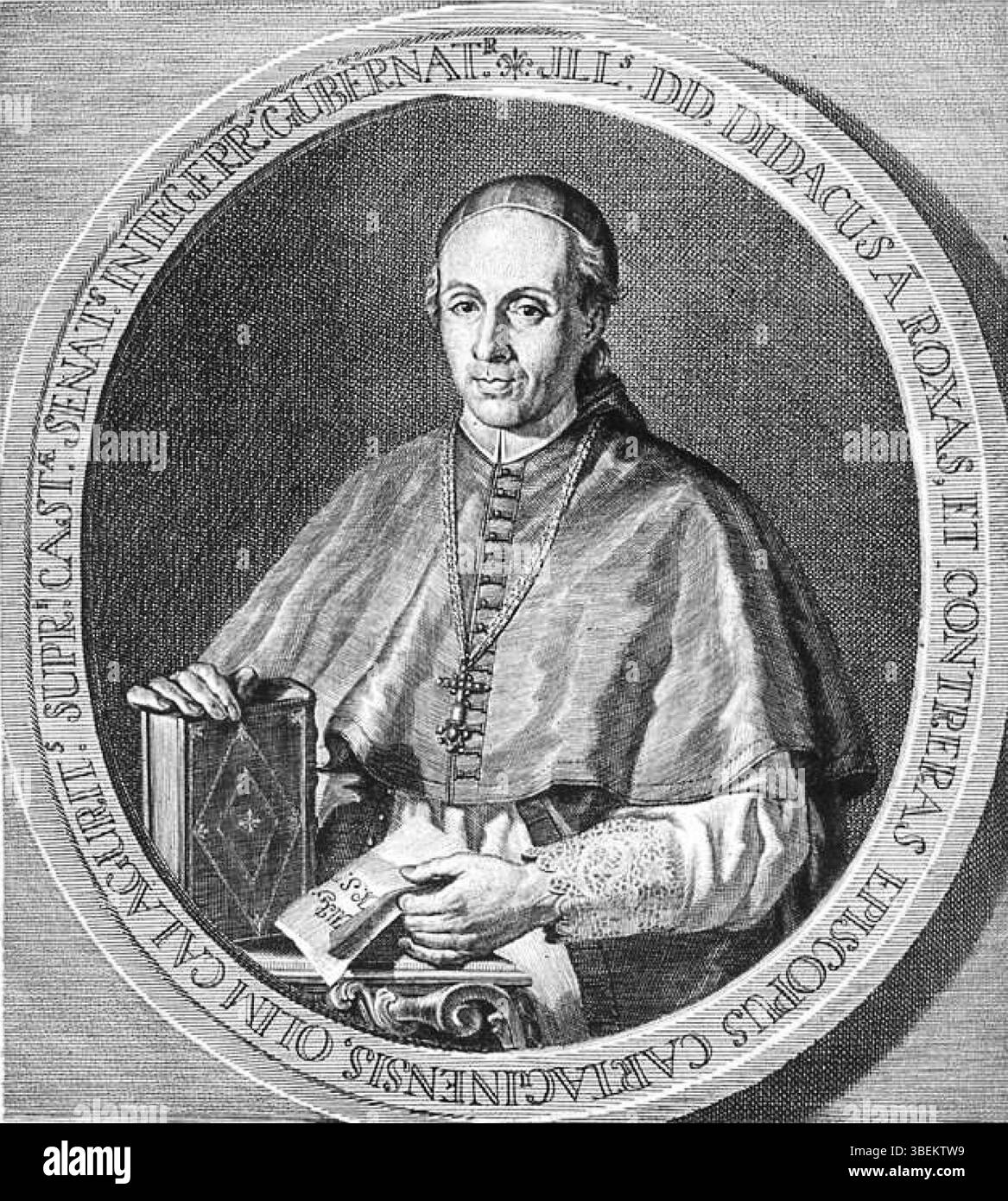 Questa immagine raffigura il vescovo Diego de Rojas y Contreras, mostrato in un'opera d'arte del XVIII secolo di Antonio González Ruiz e Juan Fernando Palomino. L'iscrizione onora il suo ruolo nella chiesa e nel governo spagnoli. Foto Stock