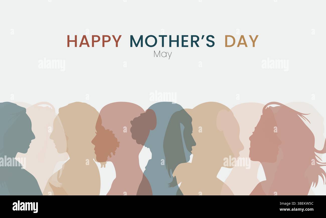 Le silhouette di diverse teste di donna in vari toni neutri sono esposte di profilo con il testo "Happy Mother's Day" sopra riportato che esprime l'umore celebrativo Illustrazione Vettoriale