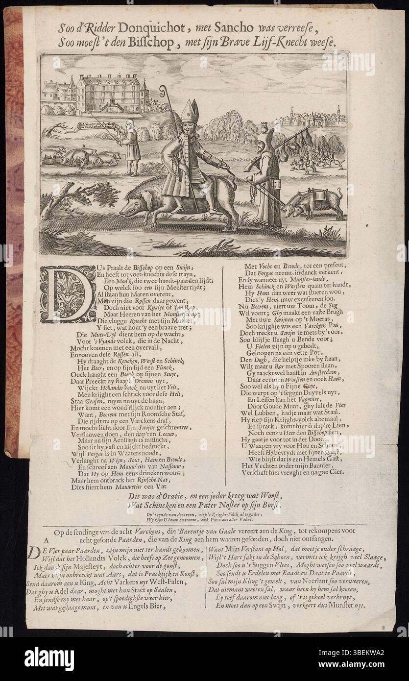 Questa caricatura del 1665 si rivolge al vescovo Christoph Bernhard di Münster, raffigurandolo in modo satirico. L'opera d'arte, intitolata "Soo D Ridder Donquichot", incorpora poesie e commenti critici, che riflettono le tensioni politiche del tempo. Foto Stock