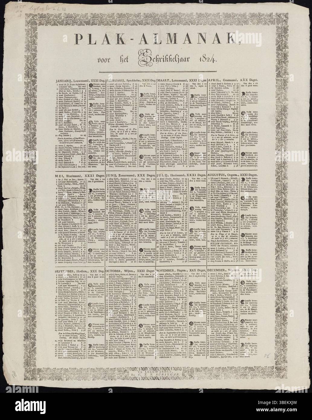 Un calendario per l'anno bisestile 1824, stampato a Leeuwarden nel 1823, che offre dettagli specifici per quell'anno. Il documento fornisce uno strumento pratico per gli eventi dell’anno, con date adeguate per l’anno bisestile. Foto Stock