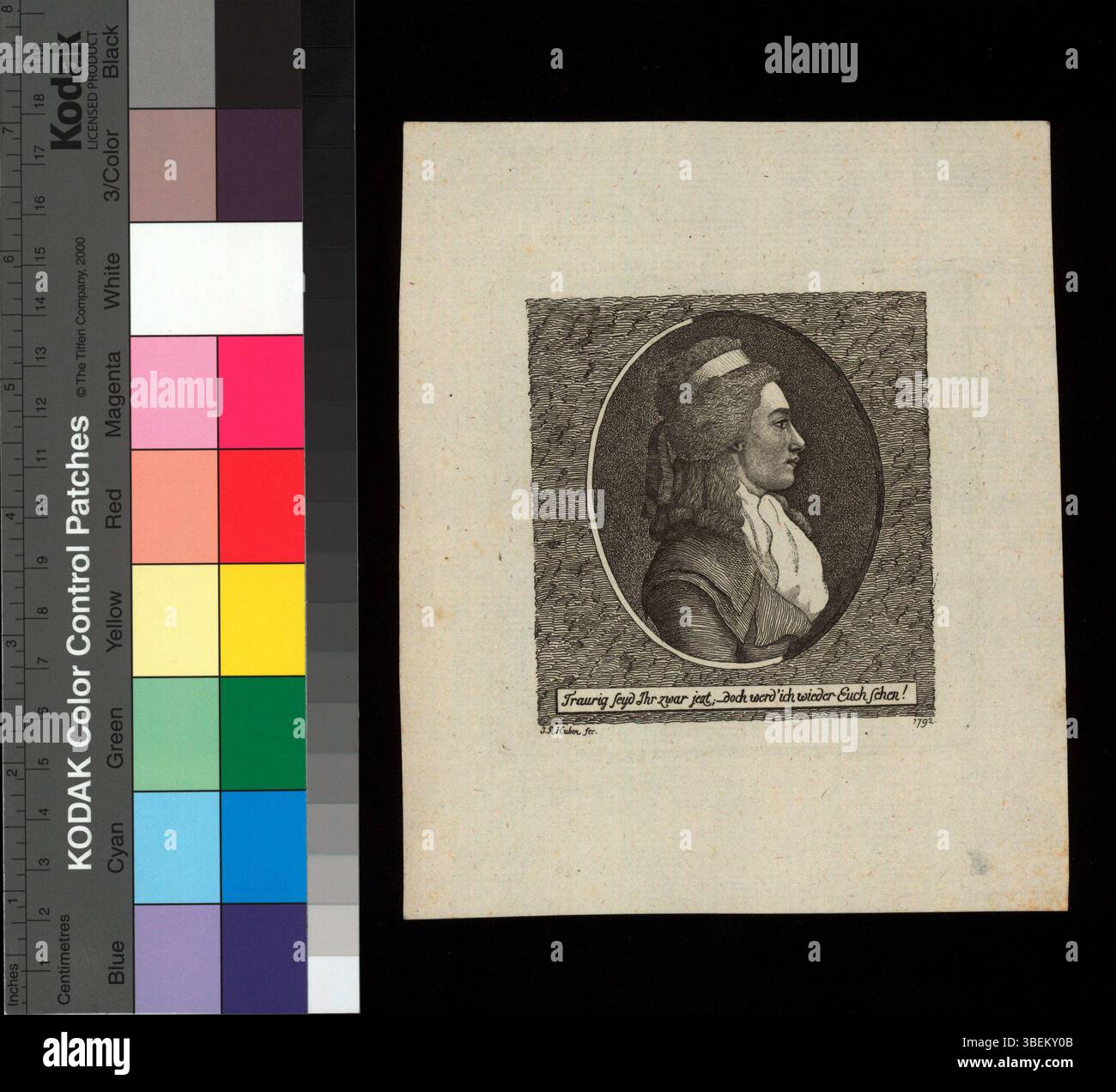 Questa incisione del 1792 di J.R. Huber raffigura un ritratto di profilo di Margaretha Huber-Battier. L'opera d'arte presenta un'iscrizione nella cornice che recita: "Anche se ora potresti essere triste, ti rivedrò". Foto Stock