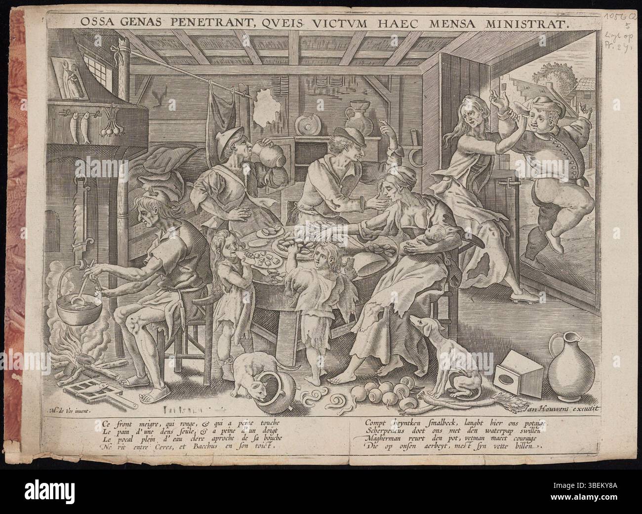 Un'incisione di Marten de Vos della fine del XVII secolo, questa opera, pubblicata a Rotterdam, presenta un'iscrizione latina e include versi francesi e olandesi. Raffigura una tavola significativa con immagini simboliche, che rappresenta il tema della guarigione. Foto Stock